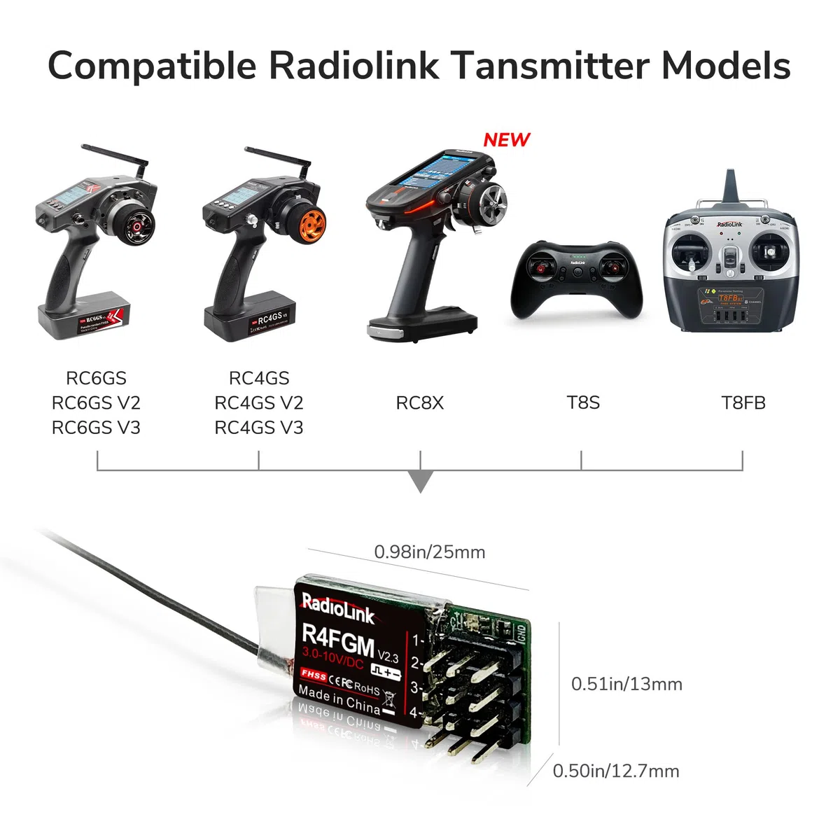 Radiolink R4FGM V2.1 2.4Ghz 4 Canali RC Gyro Ricevitore per Mini RC Auto 400m Controllo a Lungo Raggio per RC Telecomando RC8X/RC6GS V3/RC4GS V3