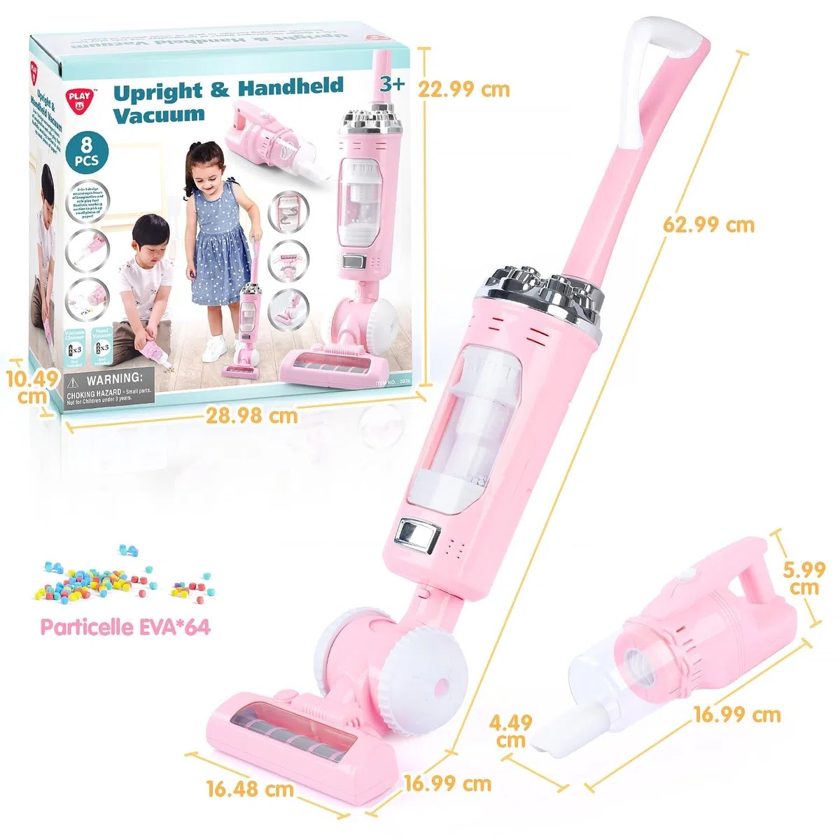 PLAY 2 in 1 Aspirapolvere Giocattolo Bambini, Aspirapolvere Funzionante con Particelle EVA, Effetto di Aspirazione e Suono Realistico, Set Pulizia Giocattolo per Bambini 3+ Anni (Rosa)