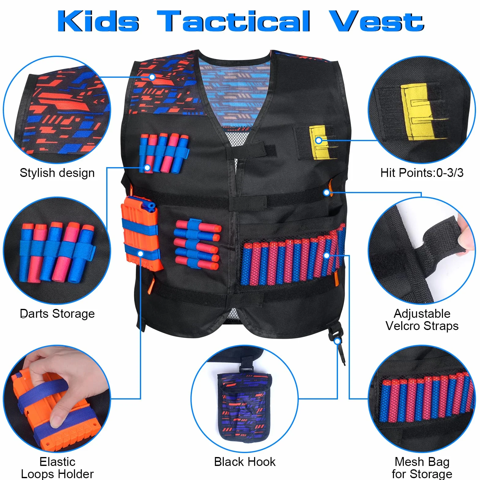 Gilet Tattico per Bambini Nerf con Set Serie N Strike Elite, Accessori con Caricatori Ricarica Rapida, Fasce Polso, Occhiali, Bandana per Ragazzi e Ragazze