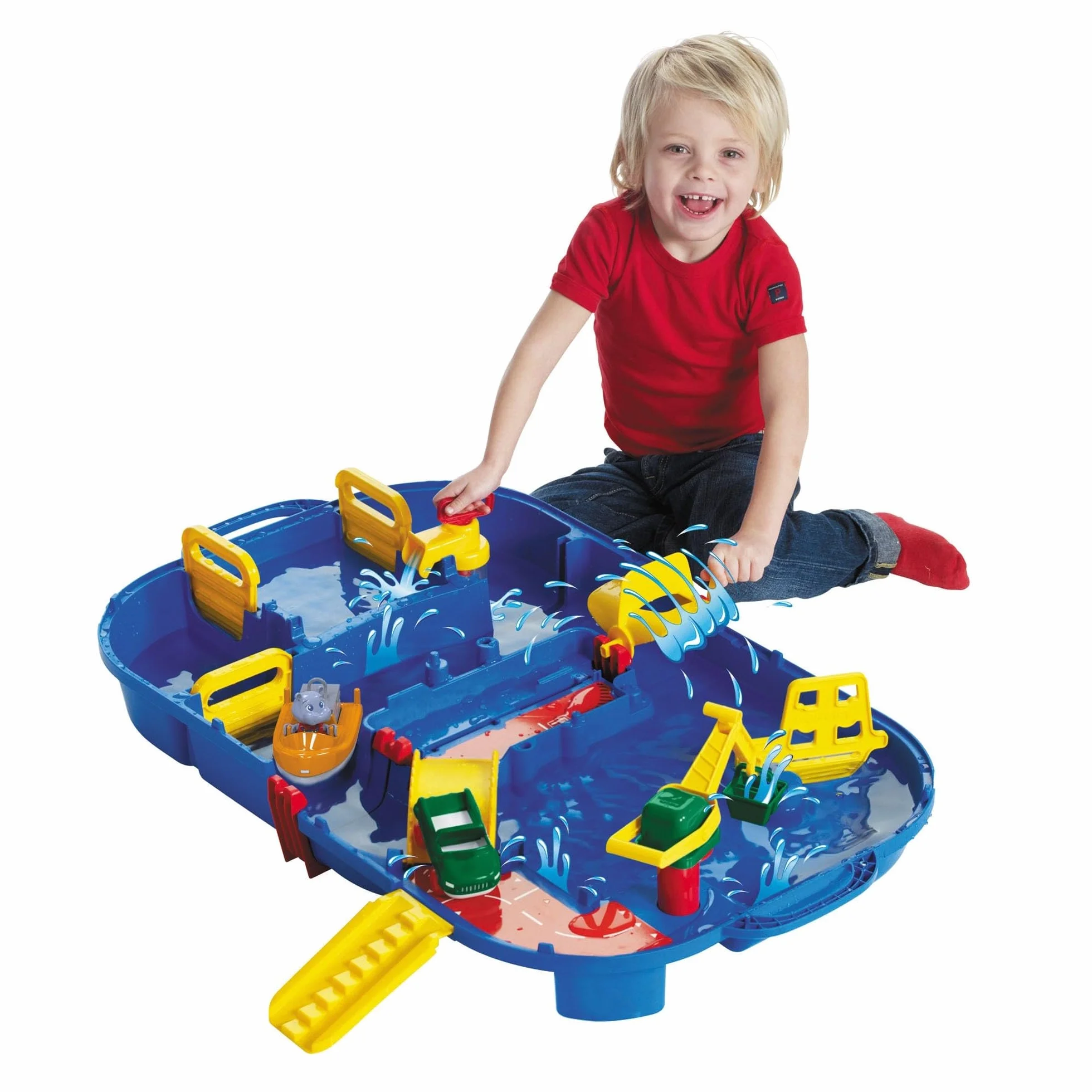 BIG Aquaplay - Lockbox Circuito Acquatico, 8700001516, + 3 Anni, con 27 Pezzi e Playset Incluso 1 Wilma Hippo, Auto Anfibio e Barca Portacontainer