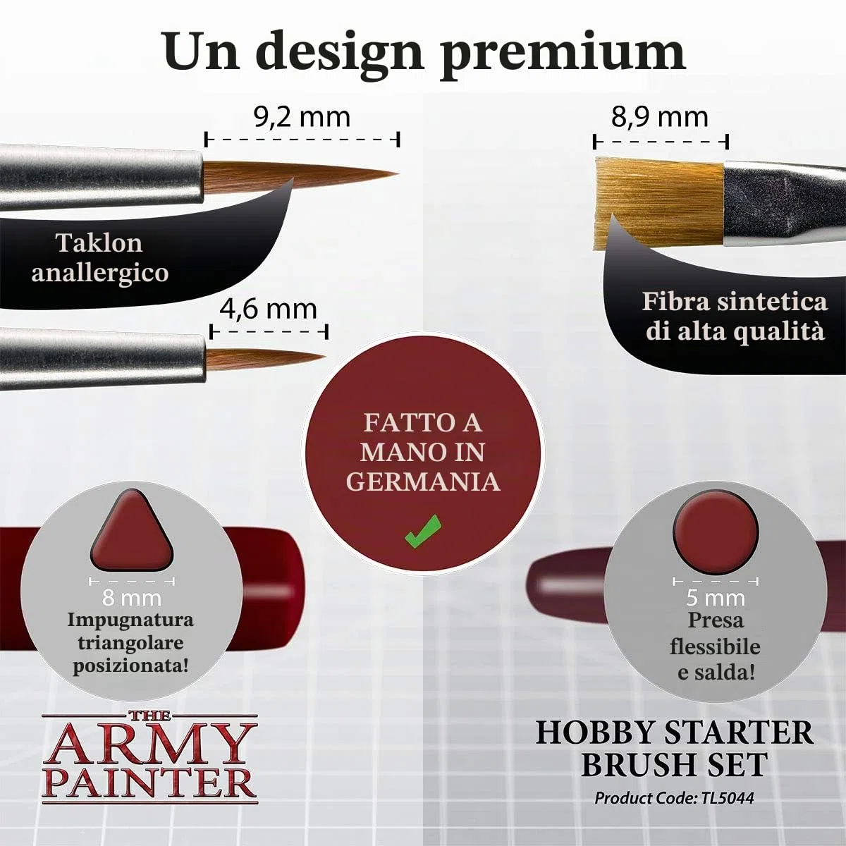 The Army Painter Hobby Starter Brush Set di 3 pennelli per colori acrilici, hobby Drybrush, Hobby Small Detail Brush e Hobby Standard Brush, pennello fine per pittura fantasy in miniatura