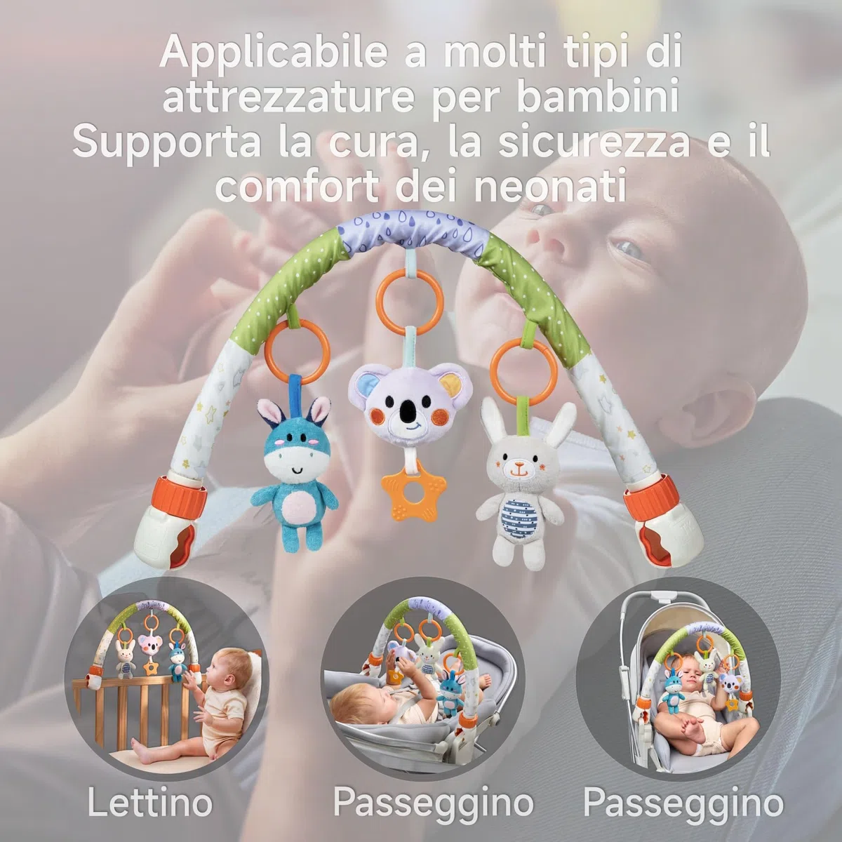 TUMAMA Giochi Arco Viaggio Passeggino per Neonato 0 3 6 9 12 Mesi, Peluche Animale Passeggino Giocattolo Gioco per Neonati Bambina Ragazzo, Clip On Auto Carrozzina con Sonaglio Teether Campana