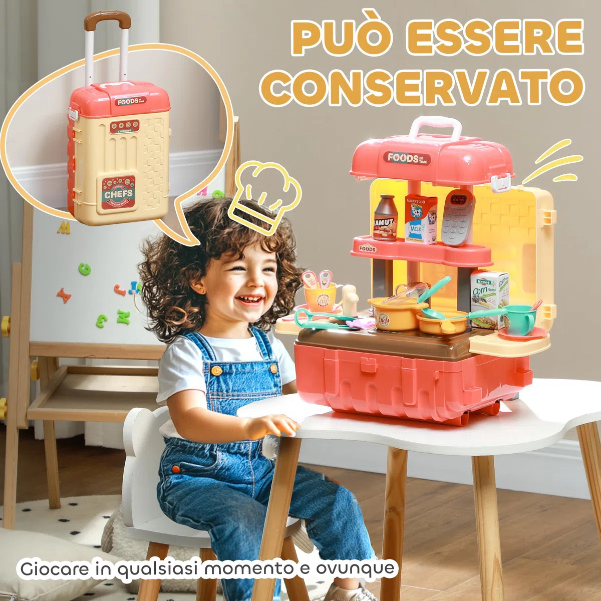 AIYAPLAY Gioco per Bambini 3 in 1 da 36 Pezzi con Tavolo per Posate, Tavolo da Pranzo e Trolley, Cucina Giocattolo in PP e ABS, 48x26x64 cm, Multicolore