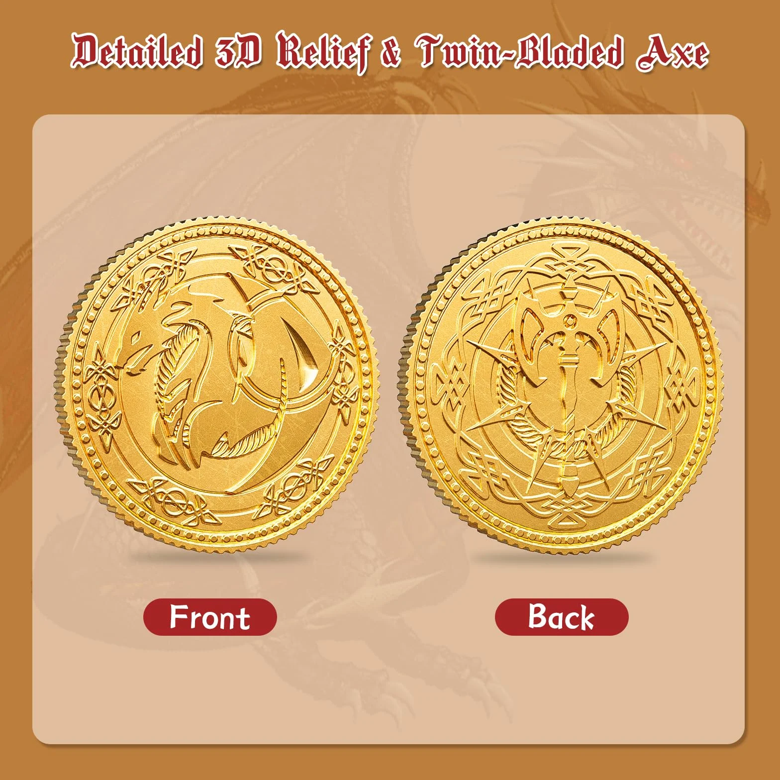 Byhoo Monete d'oro per collezionisti, monete in metallo Dragon Yue DND con sacchetto in pelle, grande set di tesori per dungeon e draghi, accessori per giochi di ruolo in rilievo a doppia faccia con