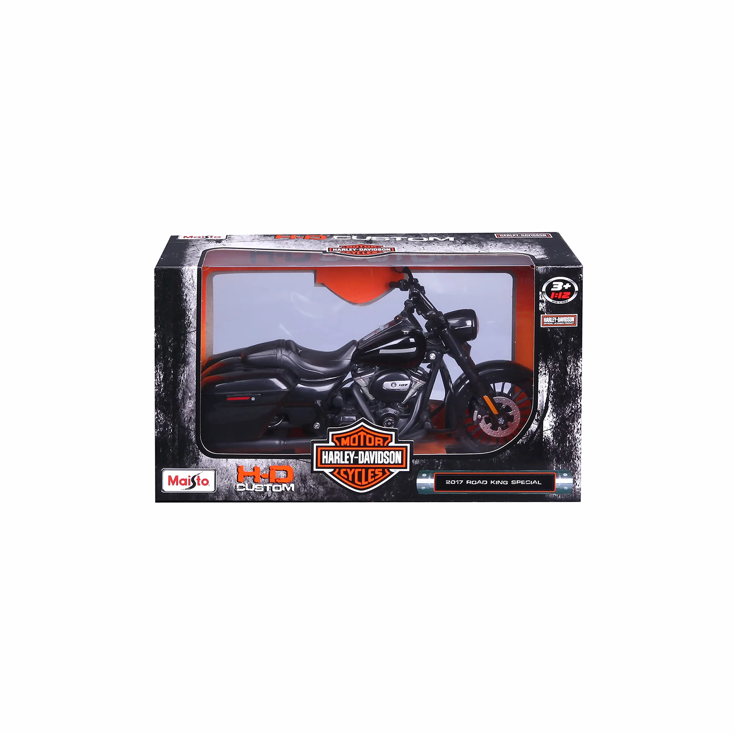 Maisto Harley-Davidson Road King Special: fedele modello di moto 1:12, forcella, supporto laterale mobile, 20 cm, nero (532336)