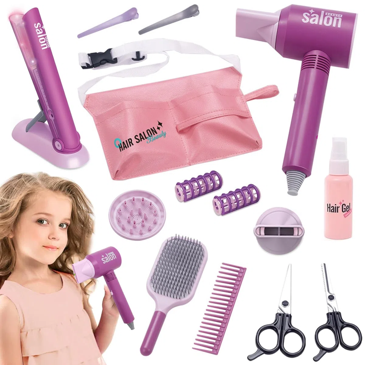 Set Parrucchiera Bambina,14 Pezzi set di Bellezza per Parrucchiere e Cosmetico Include Trucco Finto e Accessori per Capelli,set da Gioco Parrucchieri per Bambini 3 4 5 6 7 Anni.