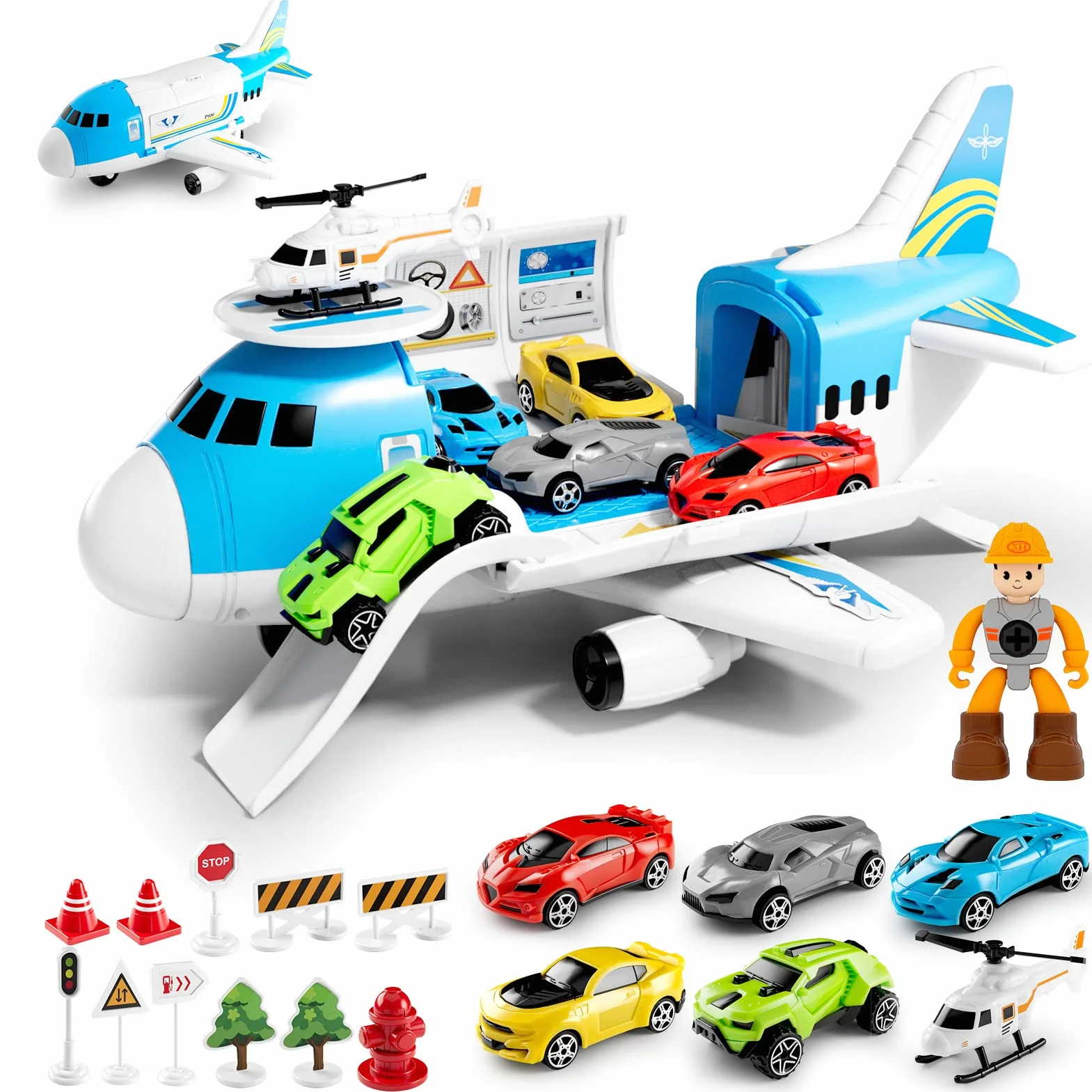 Giocattolo per Bambini 3 -5 Anni, 19 in 1 Trasportatore di Aerei Aeroplani, Camion, Regalo per Ragazzi