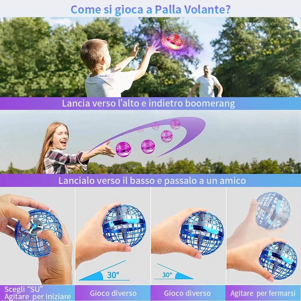 ASORT Palla Volante Magica UFO Ball, Flying Orb Hover Ball, LED Flying Spinner Boomerang Orb Sfera Volante, Fly UFO Mini Drone per Bambini, Regalo Drone Giocattolo Bambino Interno ed Esterno