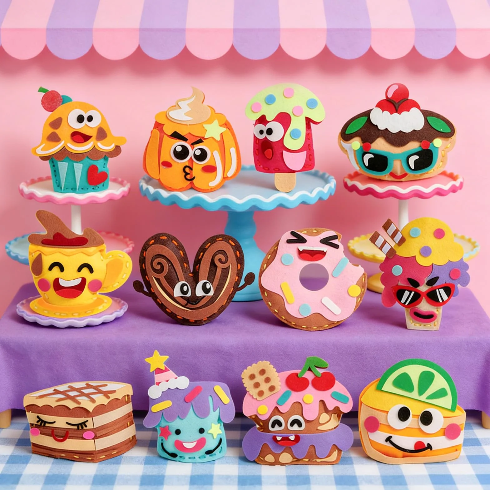 Kit Cucito in Fieltro per Bambini 6-10 Anni, Kit Artigianato Ragazze 12 Dessert Feltro Fai Da Te & Fili da Ricamo & Aghi di Plastica, Creativi Cucito Regalo per Bambino 5 6 7 8 9 10 Anni (Dessert 1)