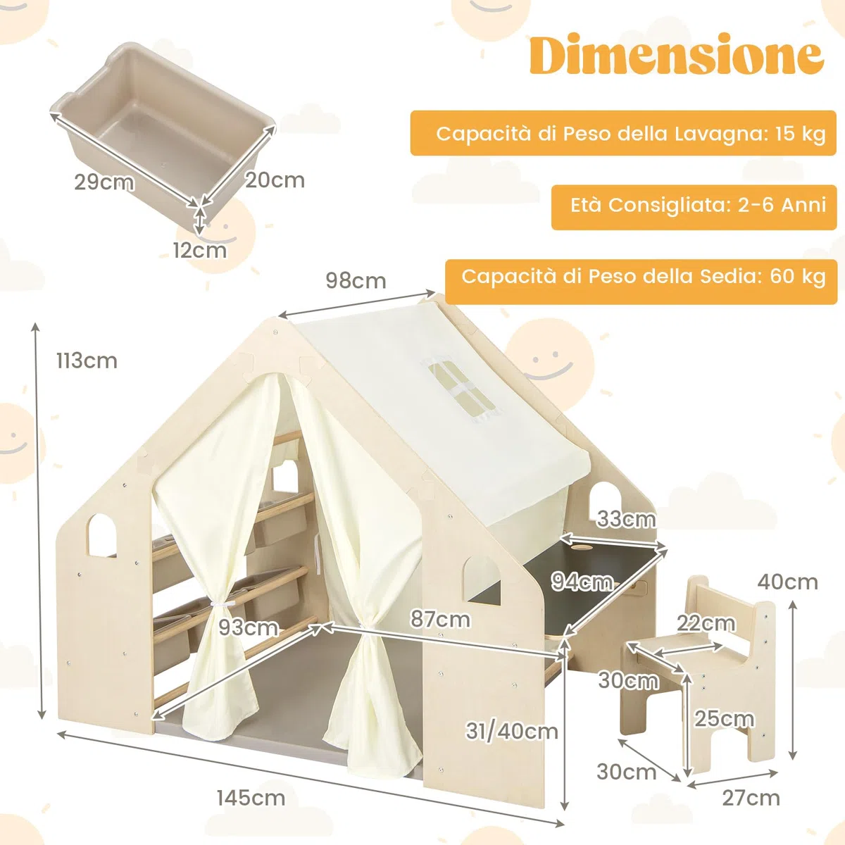 RELAX4LIFE 6 in 1 Tenda per Bambini con Casetta in Legno, Tavolino, Seida, Lavagna, 6 Scatole Portaghiochi, Tapettino Rimovibile, Per Cameretta, Asilo