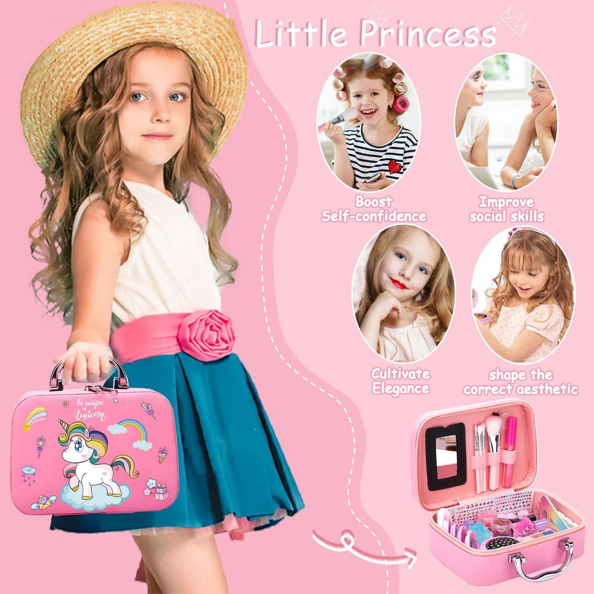 Set Trucchi Bambina 38pcs, Sicuro, Atossico e Lavabile, Anallergico, Trousse per Giochi Bambina, Regalo di Natale e Compleanno per Bambine 4-10 Anni