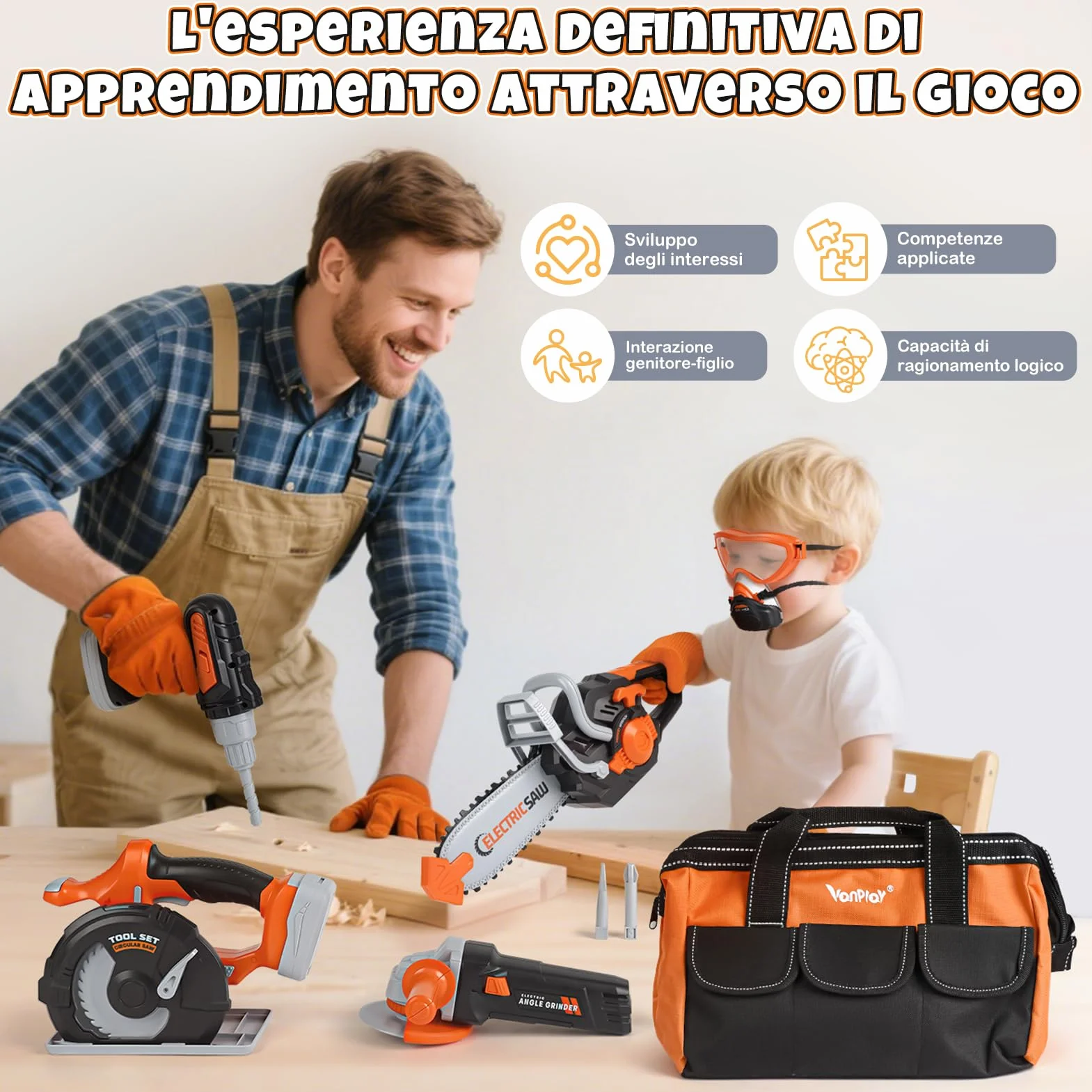 Vanplay Attrezzi Giocattolo per Bambini Modello di Lusso, Regalo Giocattolo per Bambini Piccoli dai 3, 4, 5 anni con Trapano Elettrico, Motosega, Smerigliatrice Angolare, Sega Circolare, Borsa Portaog
