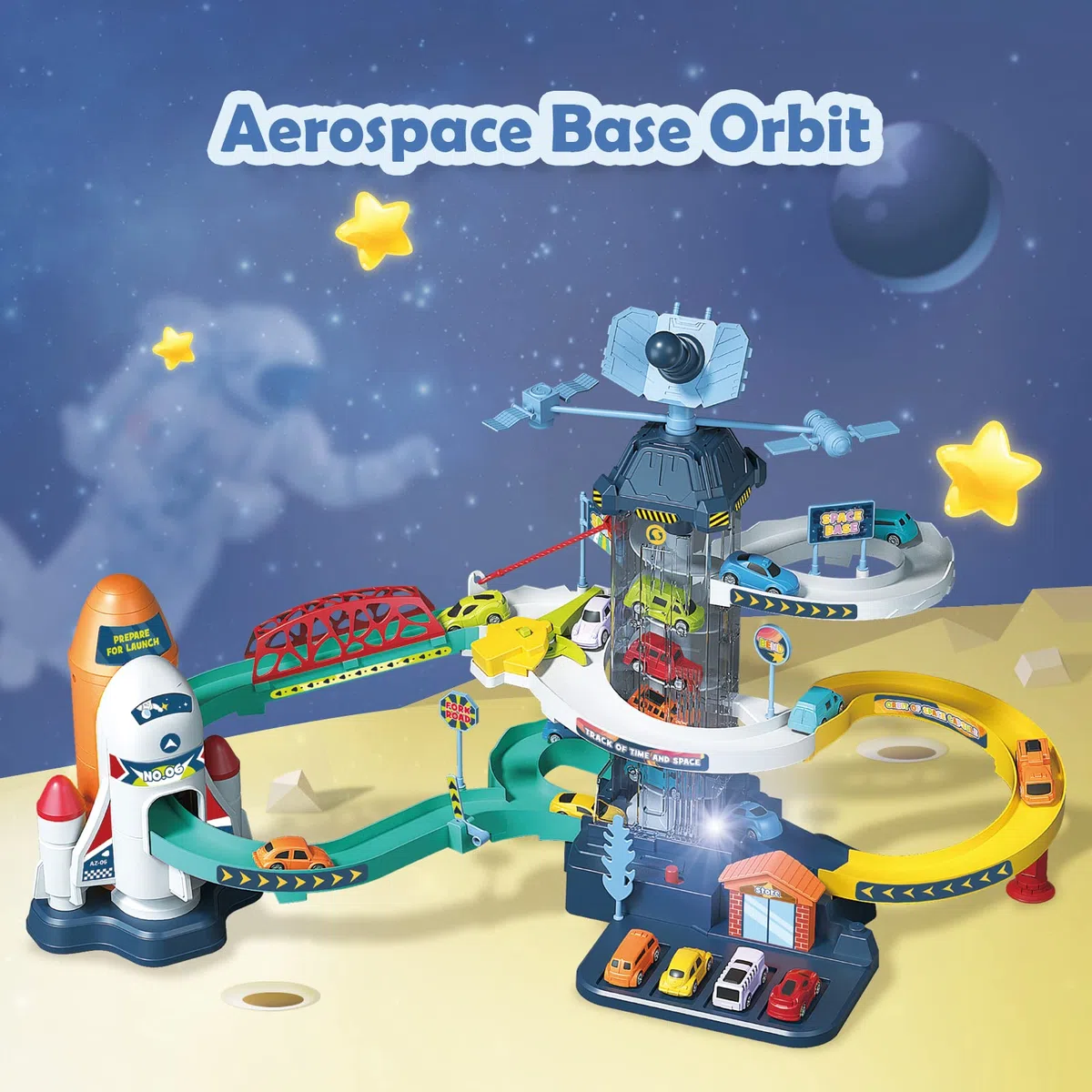 RedCrab Ascensore per auto da corsa per ragazzi, rampa spaziale per bambini rampa per arrampicata colline parcheggio avventura playset, auto satellitari garage pista con ascensore elettrico giocattolo