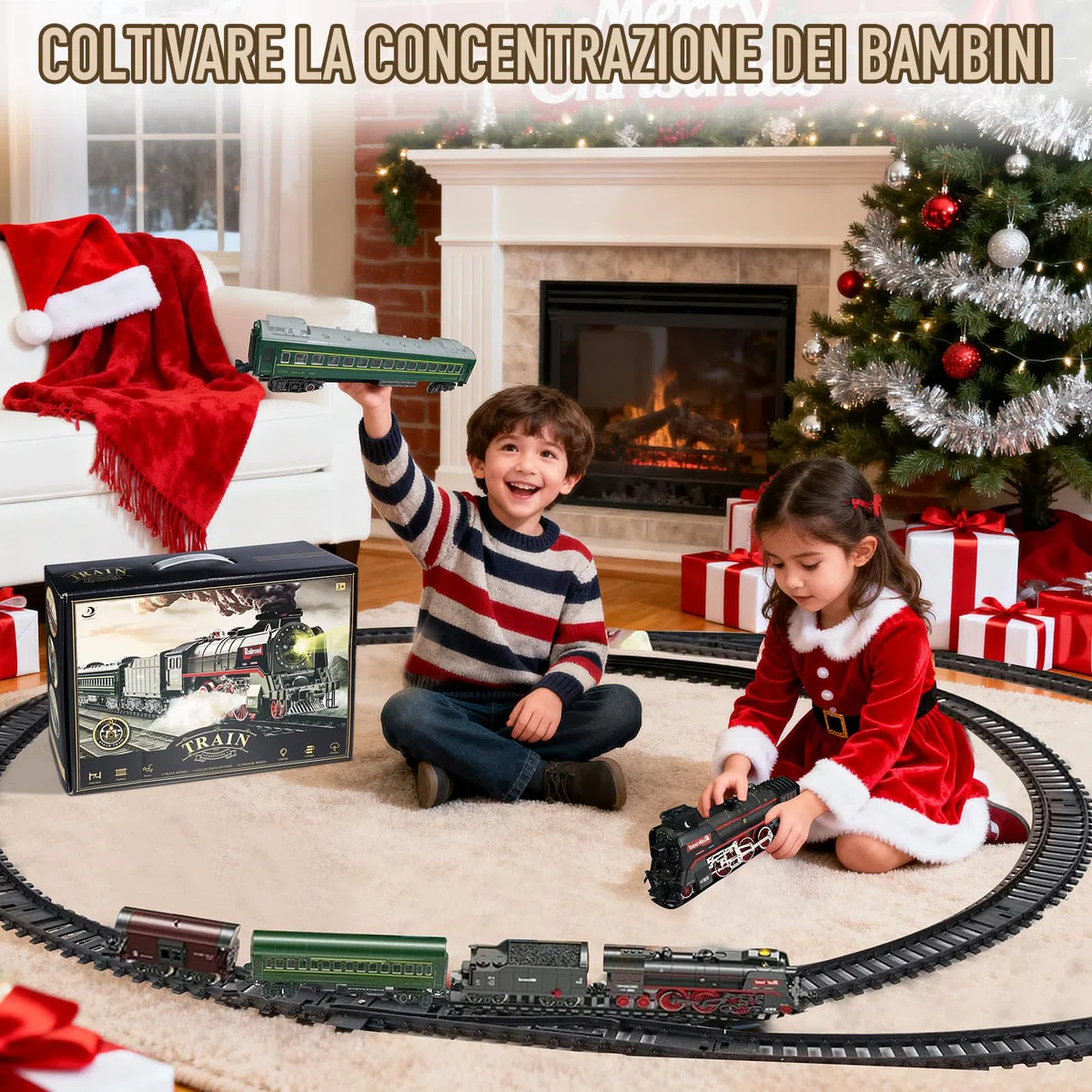 Trenino Elettrico per Bambini, Locomotiva, Locomotiva a Vapore Elettrica con Fumo Luminoso e Suono, Regali di Natale e Compleanno per Bambini