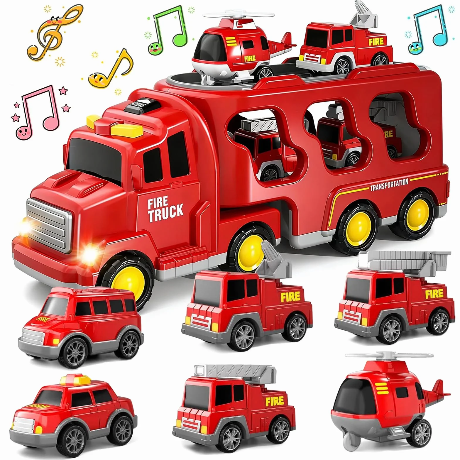 7 en 1 Camion Pompieri Giocattolo, Camion Trasportatore Macchinine con 6 Mini Camions dei Pompieri Camion dei Pompieri ad Inerzia avec Luci e Suoni Regalo per Ragazzi Ragazze di 3 4 5 6 7 anni
