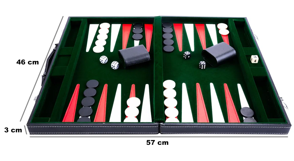 Engelhart – 250518 – Backgammon Deluxe 18” (45,5 cm) con Tavola Cucita – Valigetta Nera in Similpelle con Manico – Verde, Rosso, Bianco – Gioco da Viaggio per 2 Giocatori