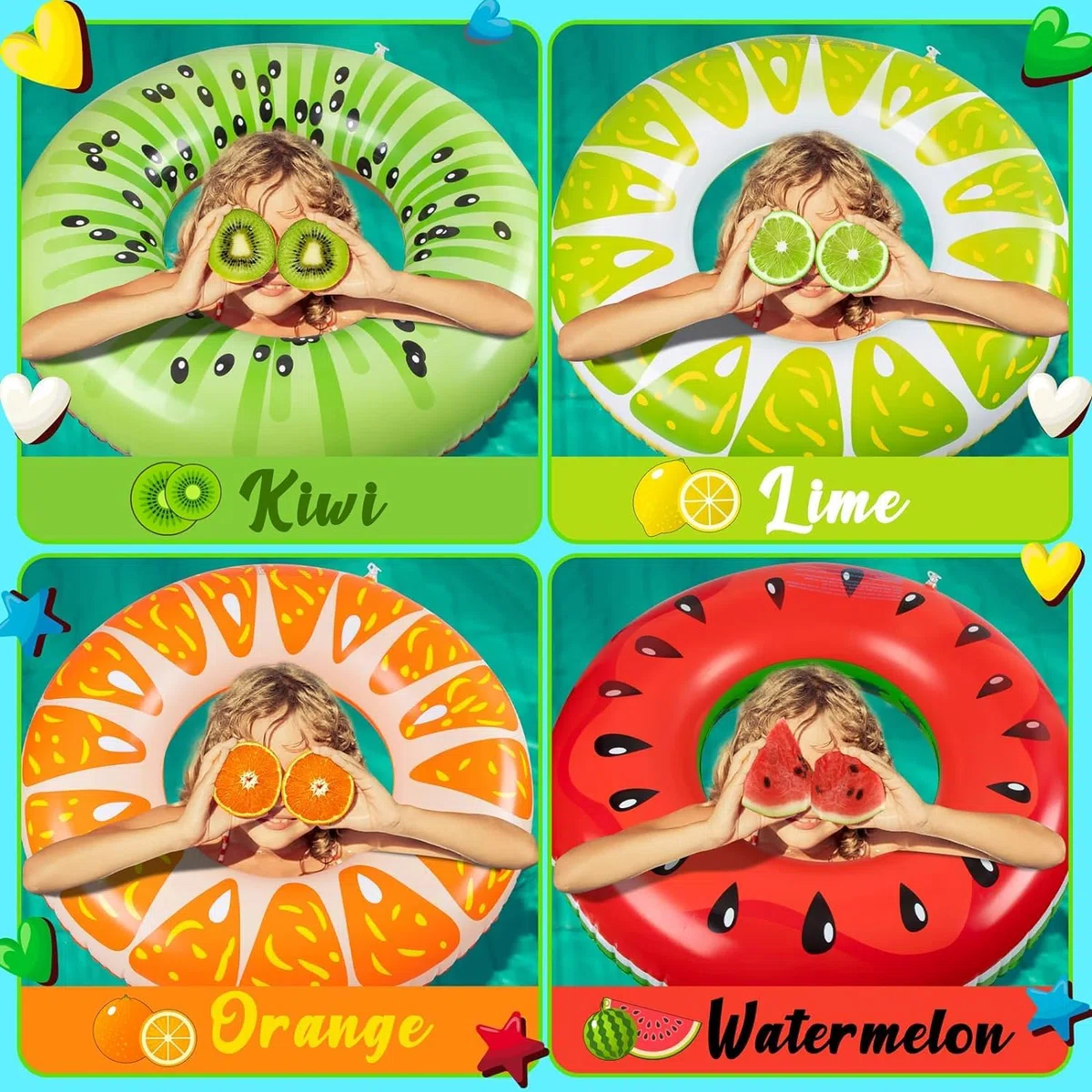 LATERN 7 Pezzi Frutta Galleggianti Gonfiabili dello Stagno, 4 Pezzi 75CM Anelli Tubi da Nuoto a Frutta con 3 Pezzi 35CM Palloni da Spiaggia - per Bambini Adulti Spiaggia Nuoto Piscina Festa