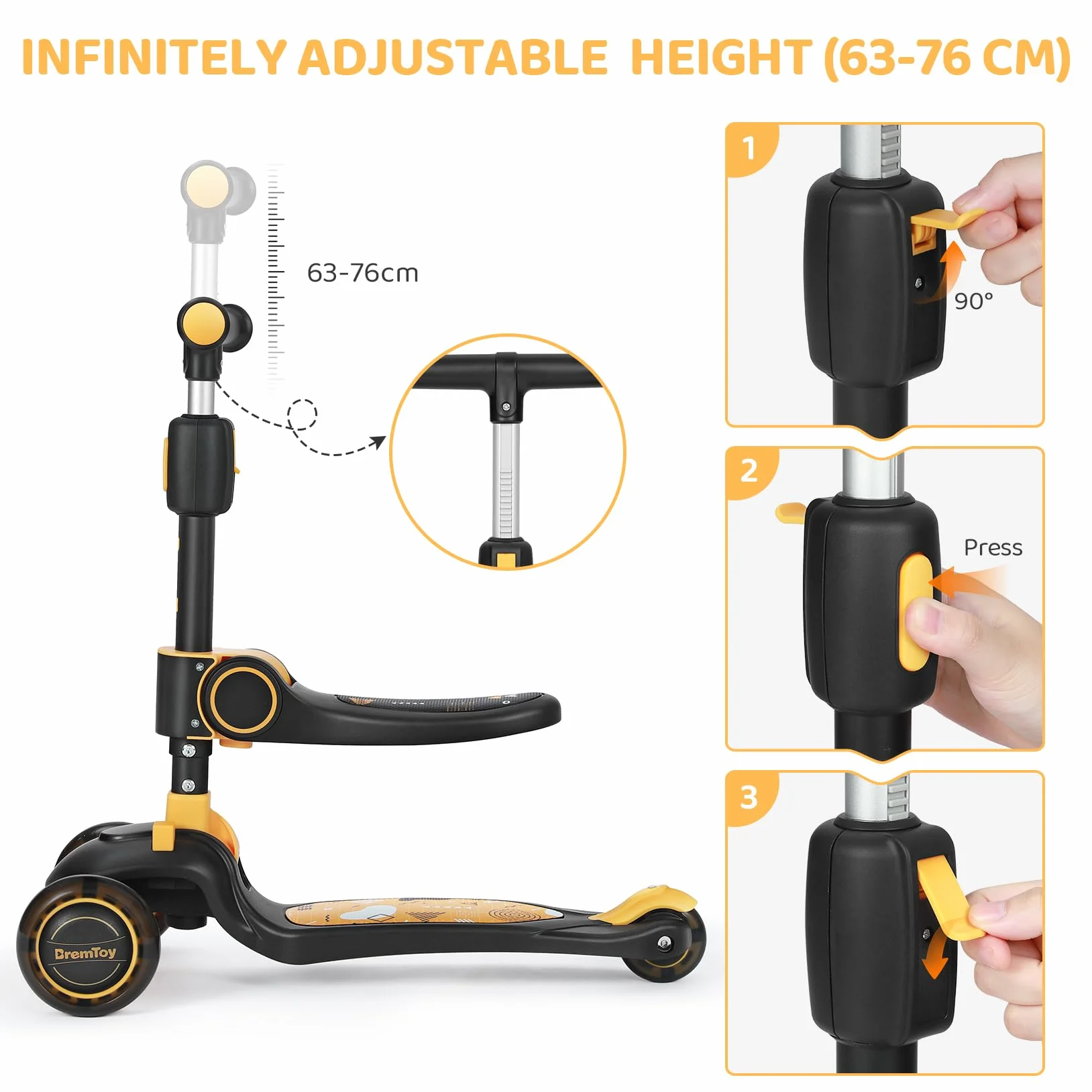 BremToy Monopattino Bambini con Sedile, Monopattino Pieghevole con 3 Ruote LED Luce, Altezza Regolabile per Bambini 2-8 Anni, Carico 50 kg