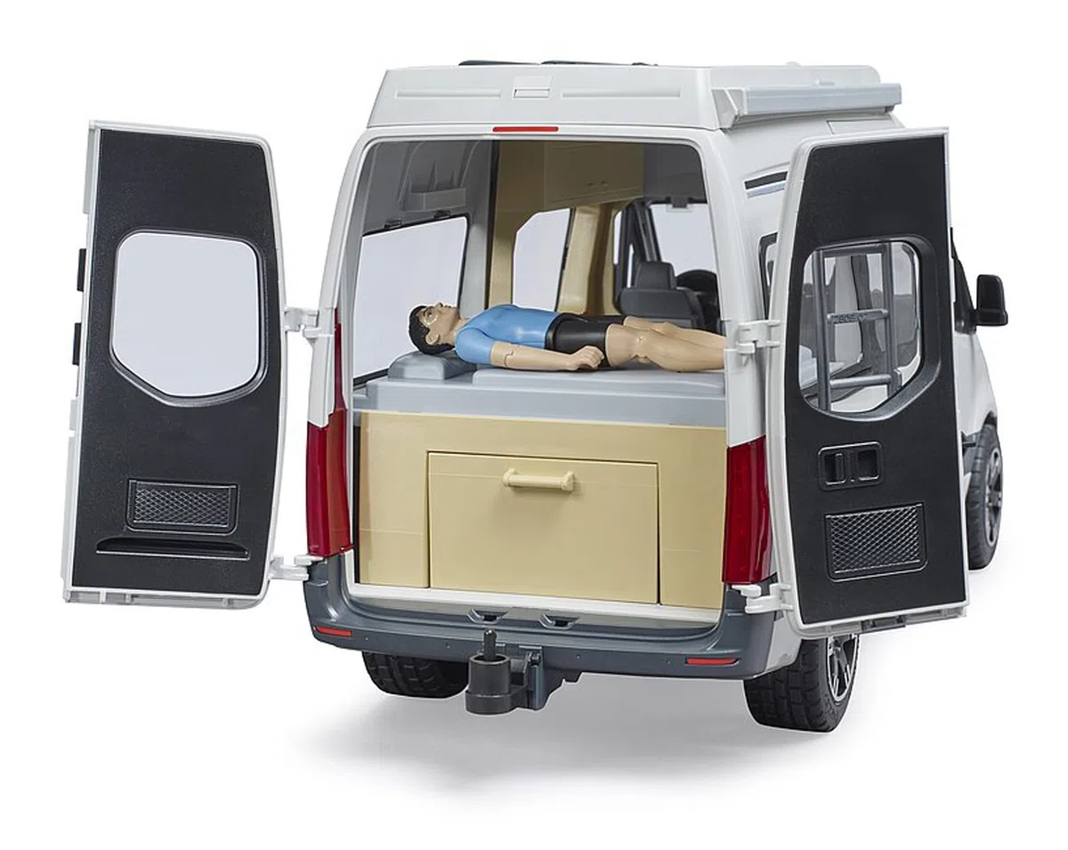 bruder 02672 - Camper Mercedes Benz Sprinter con Autista, Set Giocattolo da Campeggio con Tavolo e stoviglie