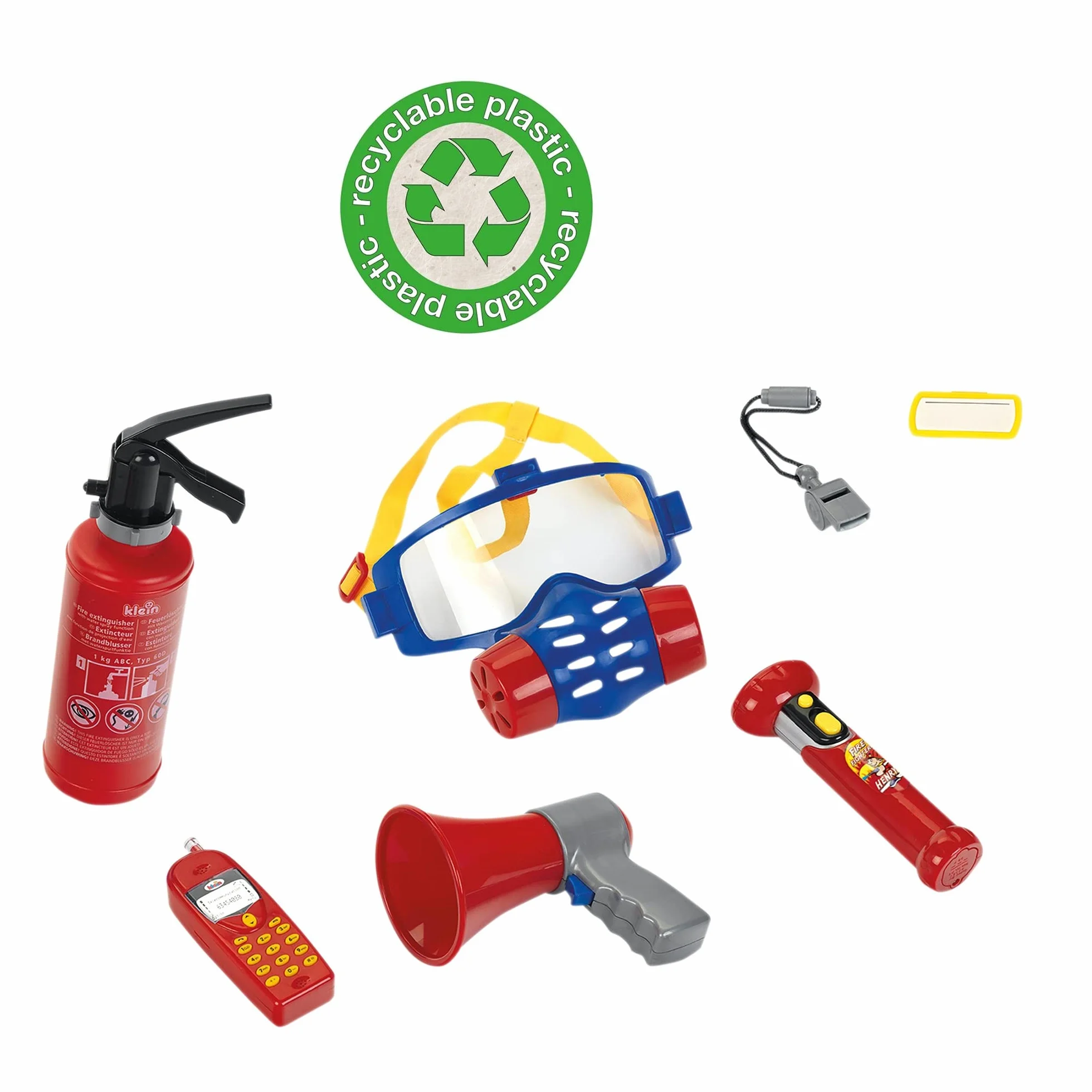 Theo Klein 8950 Set da Pompiere, 7 Pezzi, Include estintore con Funzione Spray, megafono, Torcia e Molto Altro, I Dimensioni- 40 cm x 32 cm x 9,5 cm I Giocattoli per Bambini dai 3 Anni in su