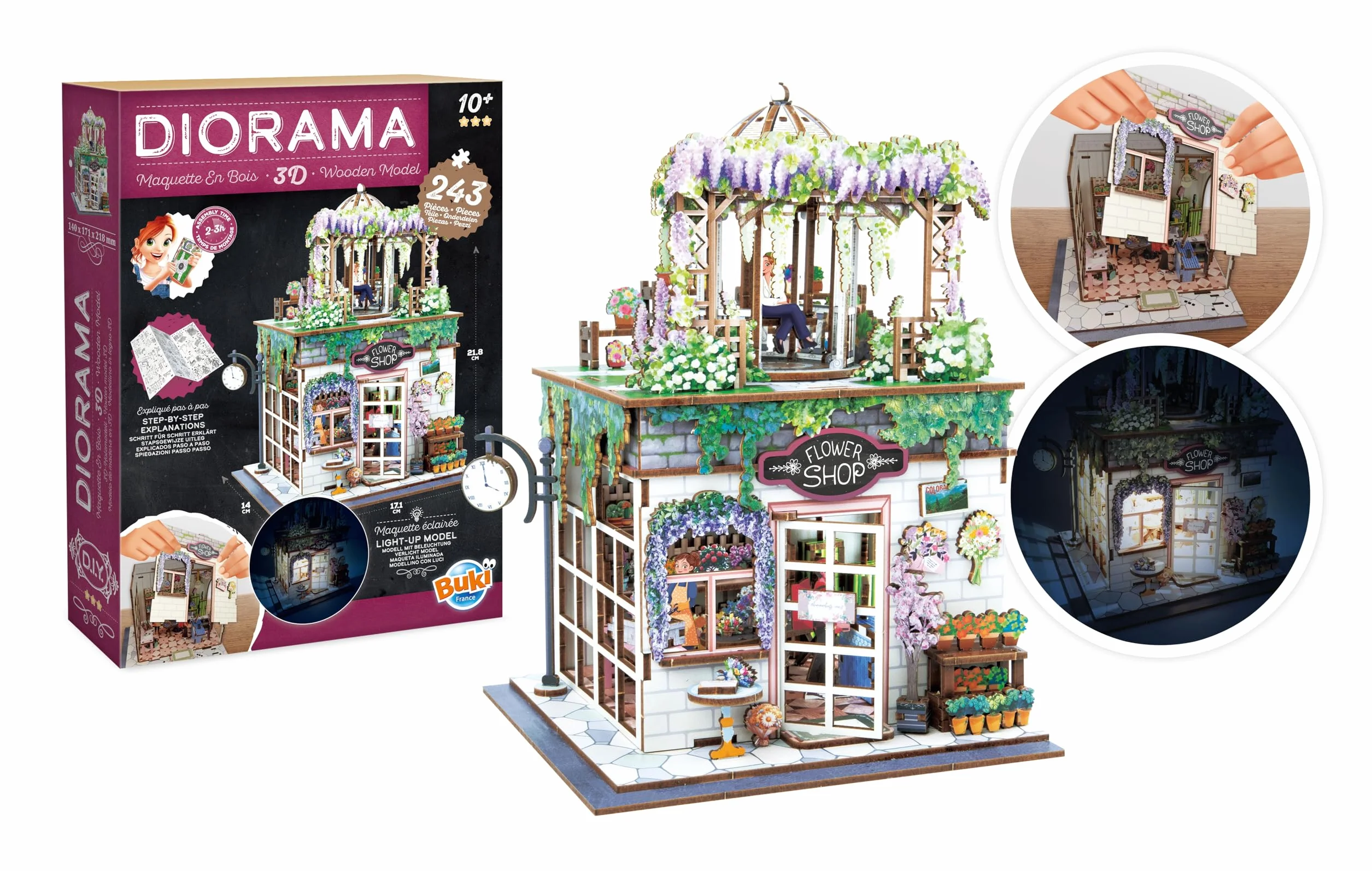 Diorama Fiorista - Modellino fioraio in miniatura in legno con LED - Diorama DIY 243 pezzi - Kit costruzione negozio di fiori - dai 10 anni - 14 x 17,1 x 21,8 cm - 68075 - BUKI France