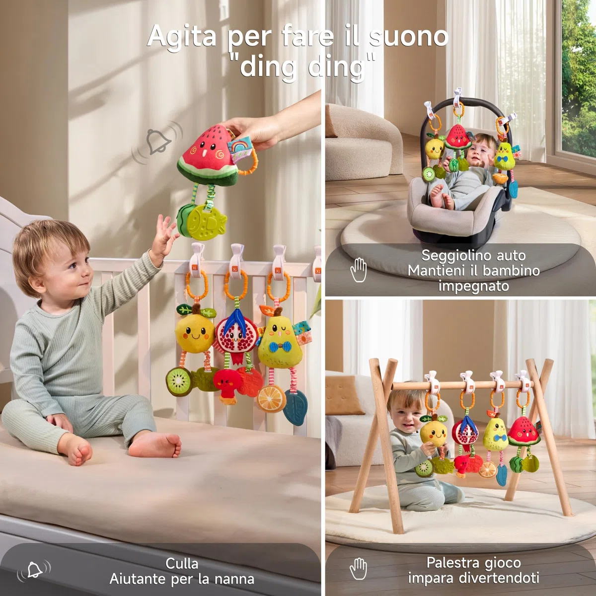 TUMAMA Giochi Sonaglio Per Neonato 0 3 4 6 9 12 Mesi, Gioco Montessori Sensoriali Per Neonati Passeggino Accessori Con Campana, Peluche Frutta Giocattoli Per Auto Culla Femmina Maschio Regalo (4pcs)