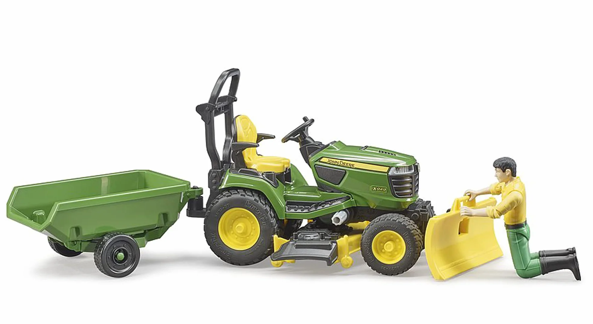 bruder 62104 - bworld trattore John Deere con rimorchio e giardiniere, trattore, figura giocattolo