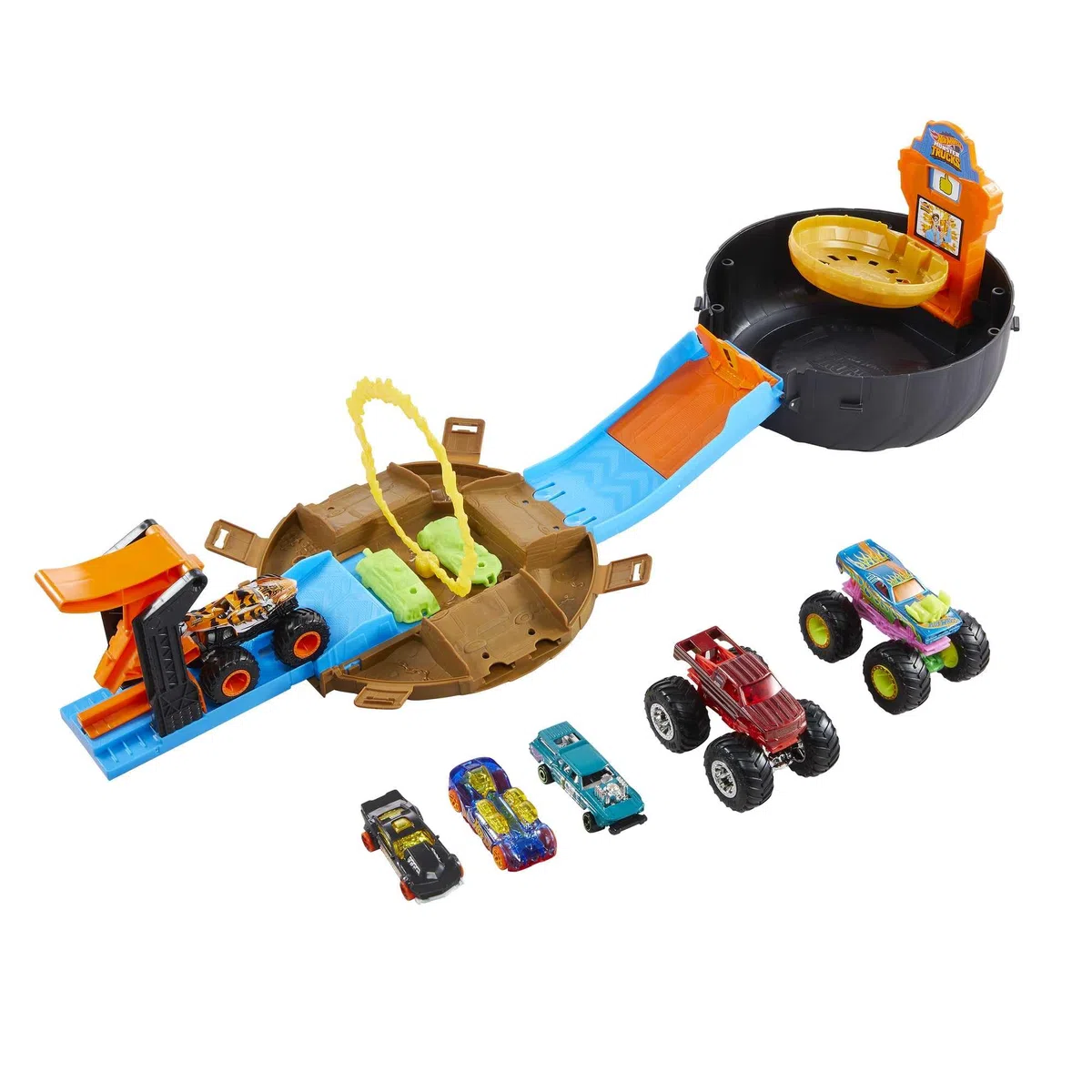Hot Wheels Monster Trucks - Ruota Acrobatica, playset arena portatile con 3 veicoli Monster Trucks e 3 macchinine in scala 1:64 incluse, giocattolo per bambini, 4+ anni, HHY74