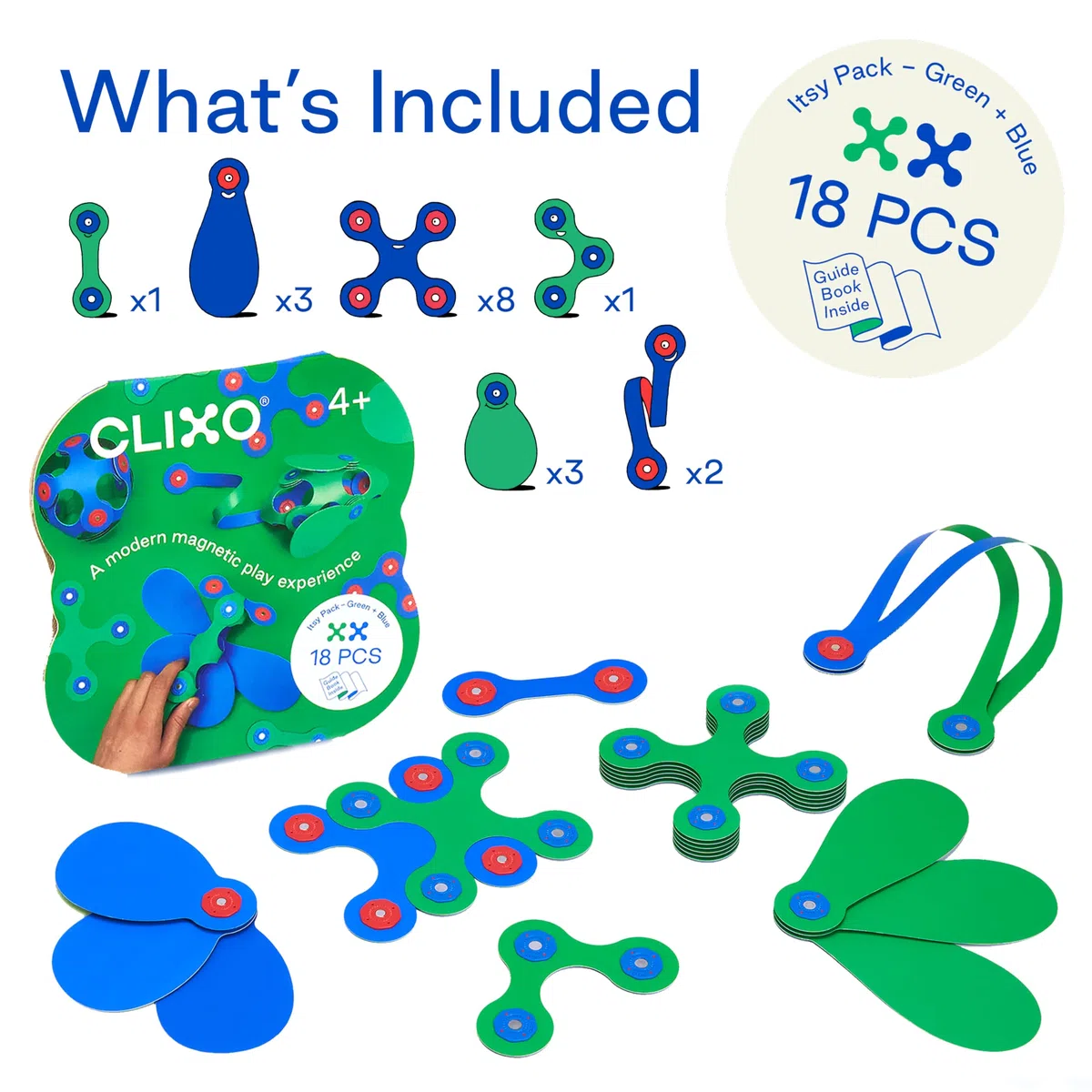 Jeu de construction magnétique Clixo Itsy Pack 18 pièces Vert et Bleu