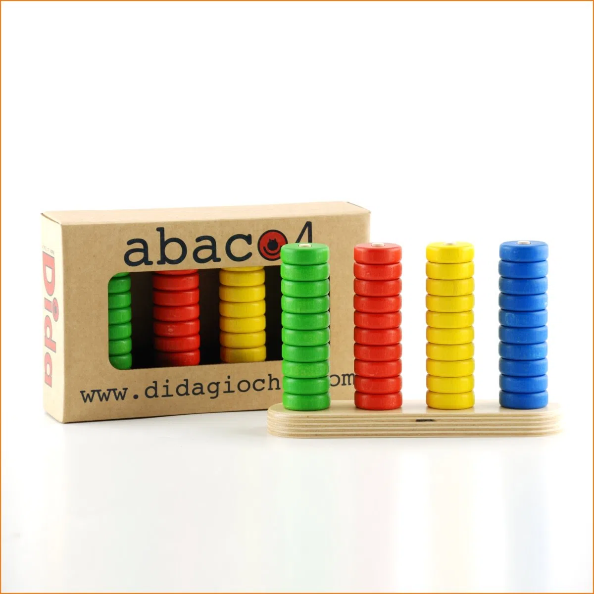 Dida – Abaco Verticale in Legno a 4 Posizioni | Strumento Didattico per Scuola Primaria | Metodo Montessori | Logica, Calcolo e Dimostrazione del Cambio | 3+ Anni | Legno Naturale, Dischi Colorati