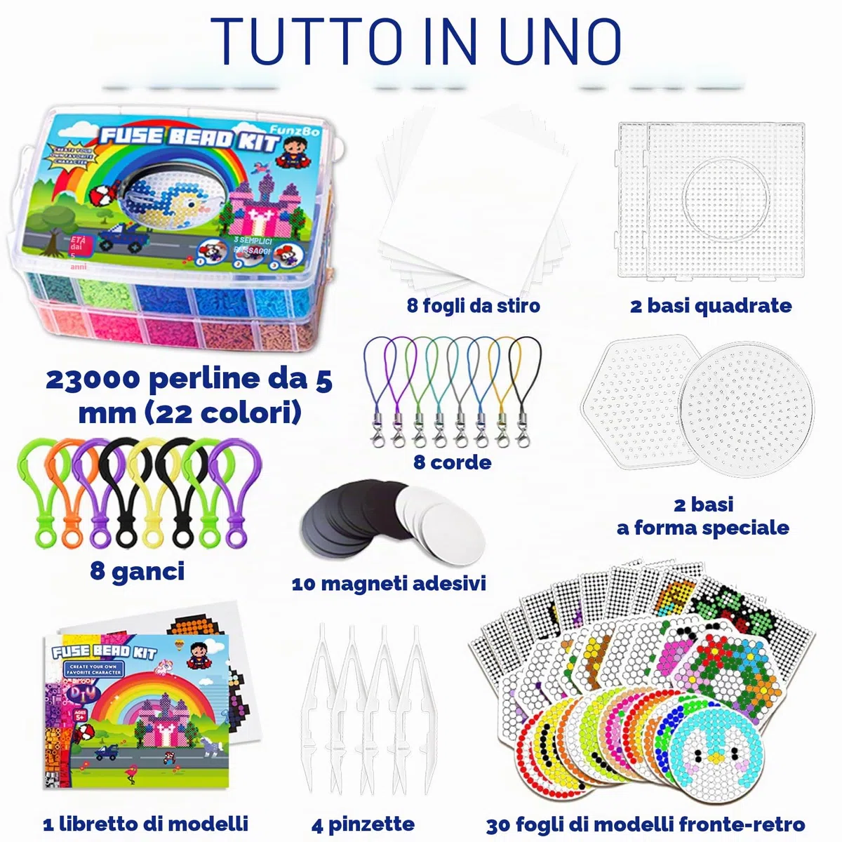 FunzBo Set di Perline da Stirare 23000 Pezzi con 106 Schemi - Perline Piatte 5mm per Bambini da 6 Anni, Adulti e Appassionati di Fai da Te, Ideale per Creatività, Relax Meditativo e Tempo in Famiglia