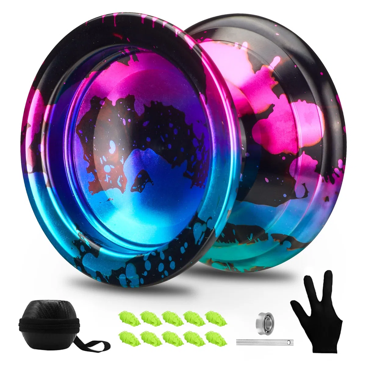 FETESNICE 1.No Yoyo professionale per adulti - Set di yoyo in metallo reattivo e non reattivo per principianti e giocatori avanzati, include 10 corde, guanto e borsa per il trasporto (nero, blu, rosa)