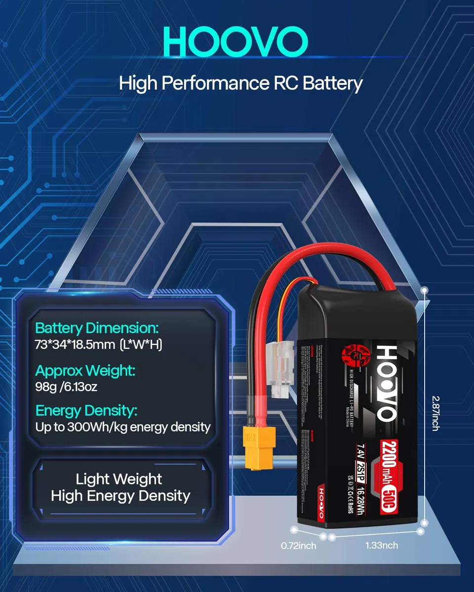 Batteria Lipo 2S 2200 mAh 7,4 V 50 C SoftCase Short Lipo Battery con spina XT60 RC Batteria HOOVO per 1:16 RC Auto Camion Heli Aeroplano Rock Crawler Airplane Helicopter (2 pezzi)