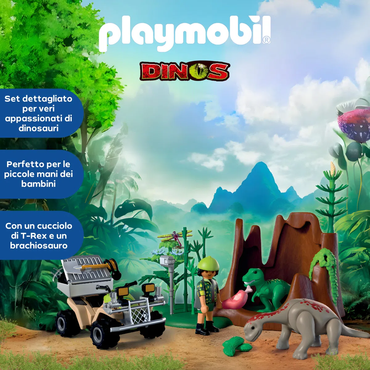 PLAYMOBIL | Dinos | Dinosauri Hideout | Dino Explorer con Quad, Baby T-Rex e Baby Brachiosaurus | Giocattolo per bambini dai 4 anni in su | 72069