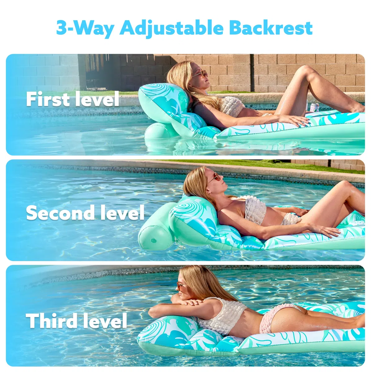 SLOOSH Materassino Gonfiabile per Piscina per Adulti, Lettino Galleggiante con Foglie Tropicali, Schienale Regolabile, Portabicchieri, Perfetto per Abbronzarsi in Piscina, Spiaggia e Lago