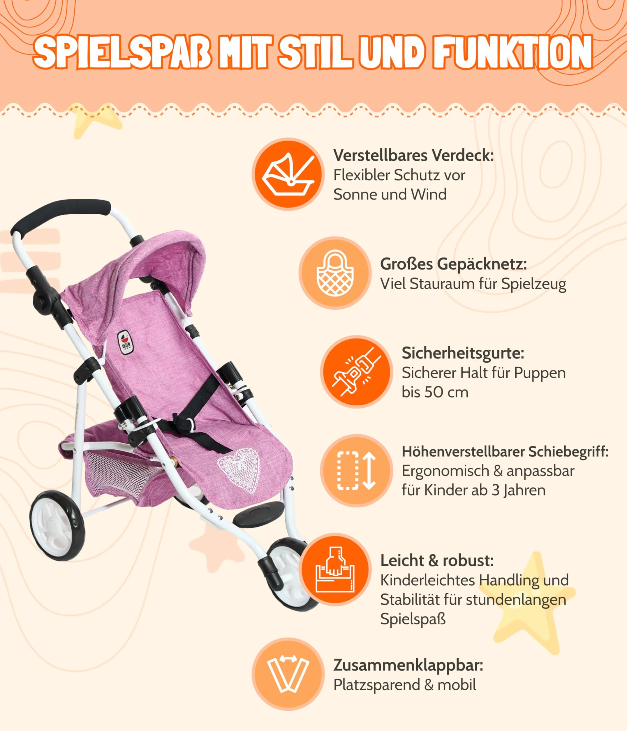 Bayer Chic 2000 - Passeggino per bambole Lola, Passeggino da jogging, Bambola, Passeggino per bambole, Butterfly, 612-33, Navy, Rosa