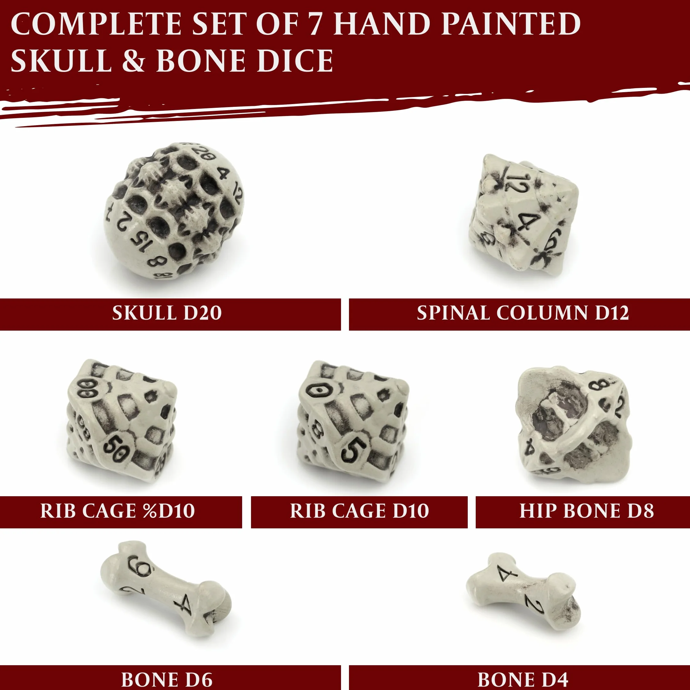 Set Dadi D&D - Set di 7 Dadi Poliedrici Teschio e Ossa per GDR/RPG - D20, D12,%D10, D10, D8, D6 & D4. DND Dice Set/Dadi D&D Particolari per Warhammer, Pathfinder, Dungeons & Dragons Gadget (Bianco)