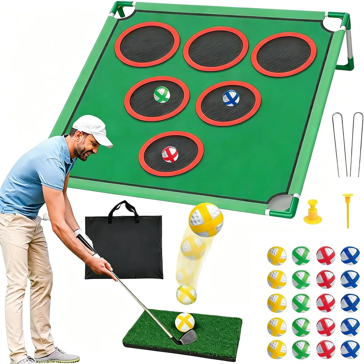 Set Mini Golf per Bambini e Adulti, Gioco con Tappetino da Putting e 20 Palline Adesive, per Interno ed Esterno, Ideale per Allenamento e Divertimento in Famiglia