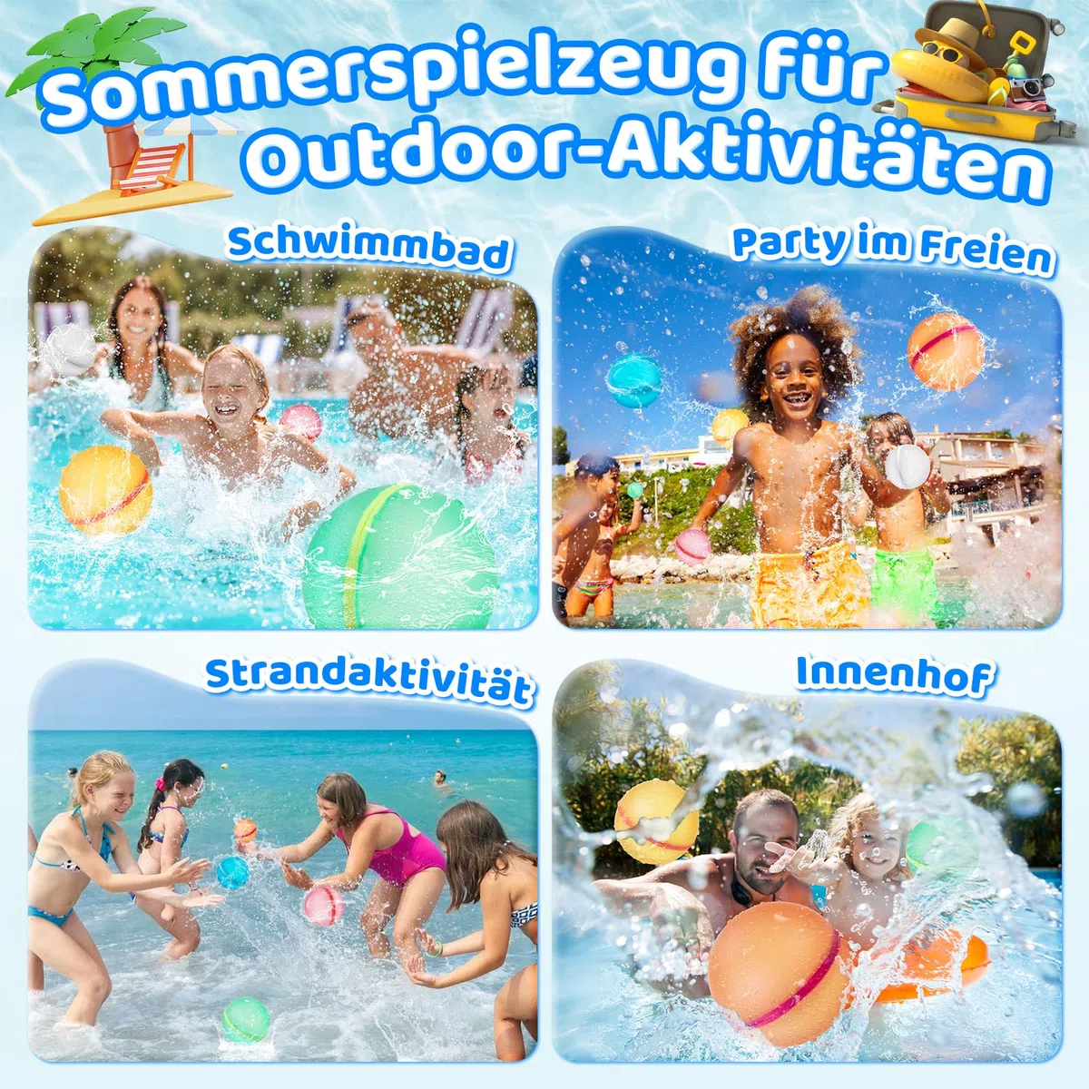 6 bombe d'acqua riutilizzabili, in silicone a chiusura automatica, con tasca a rete, set di bombe d'acqua, adatti per bambini, adulti, spiaggia, feste in piscina