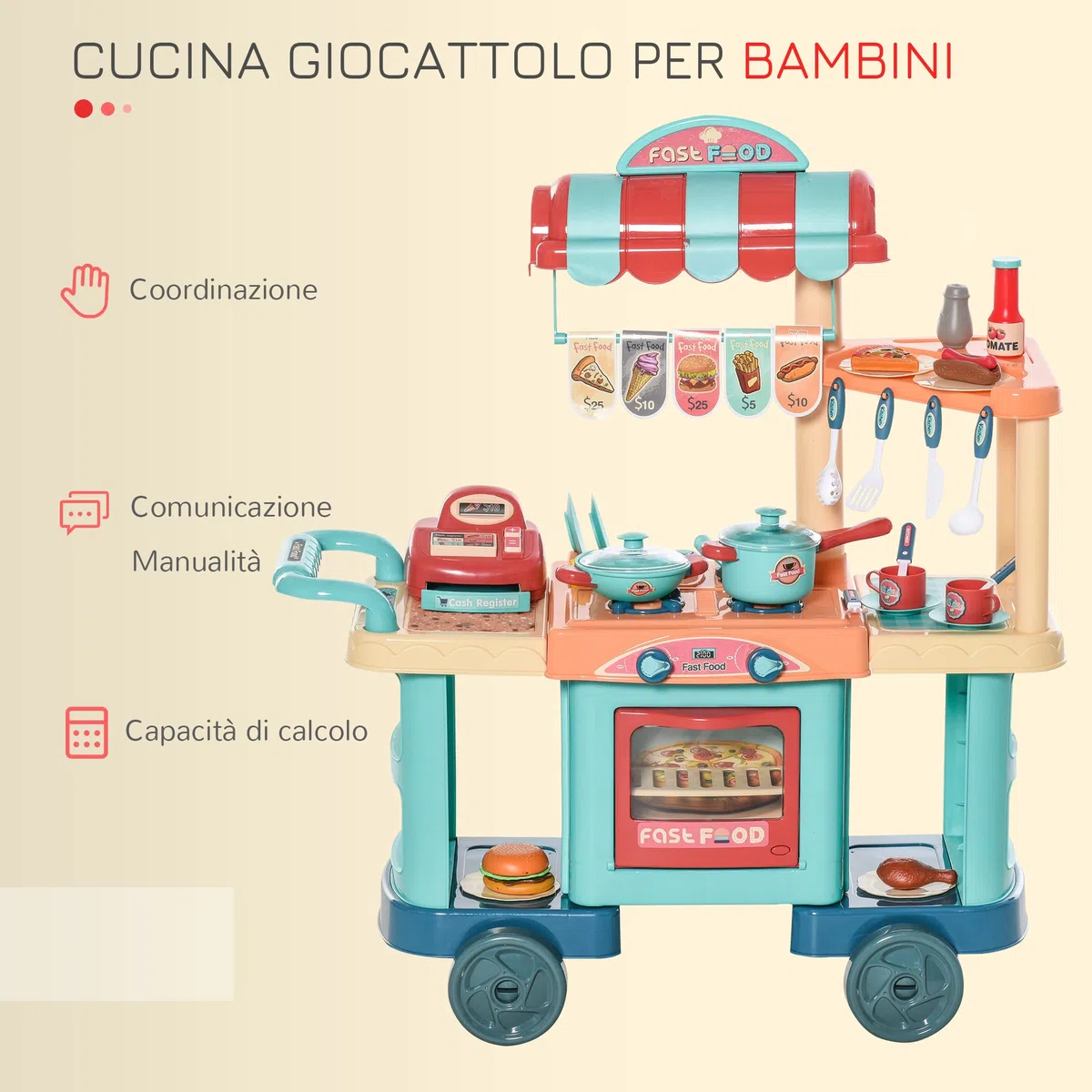 HOMCOM Cucina Giocattolo Per Bambini 3-6 Anni, Caffetteria Ristorante con 50 Accessori Inclusi, 79.5 x 33 x 90.5cm