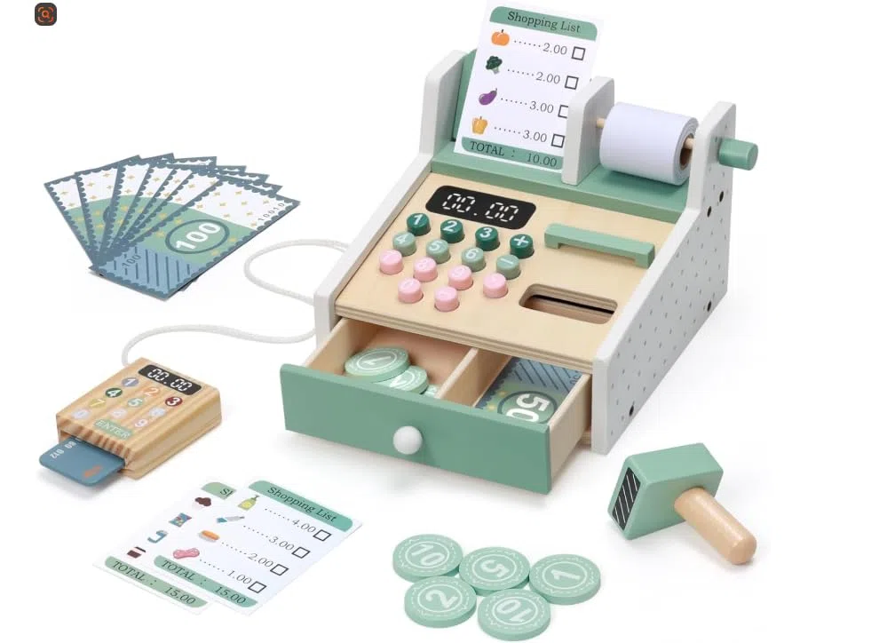 JIYANA Montessori - Cassa per bambini in legno, con contanti e lettore di carte. Accessori per la cassa, regalo per ragazze e ragazzi dai 3 4 5 anni, regalo per bambini di compleanno