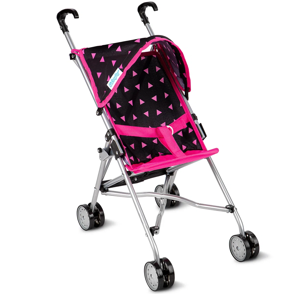 Kinderplay Passeggino per Bambole in Alluminio – Manico 54 cm, Leggero e Pieghevole – Per Bambini 2+ – Ruote Doppie Silenziose e Cintura di Sicurezza