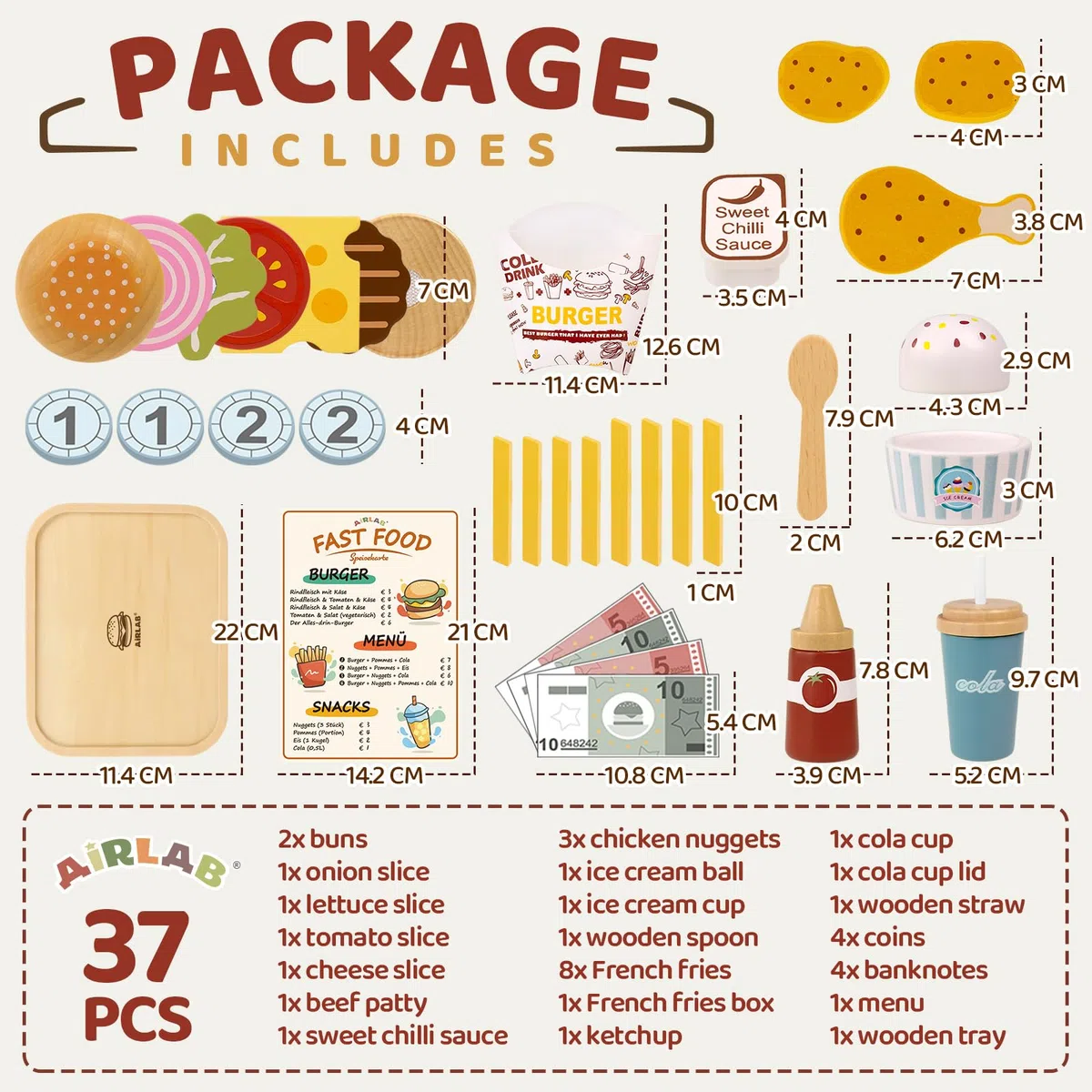 Airlab Fast Food Giocattolo, Accessori Cucina Giocattolo Legno per Bambini Bambina, Set Cibo Veloce Finto Giocattolo per Cucina Bambini, Regalo Bambino Compleanno Pasqua Halloween Natale 3 4 5+ Anni