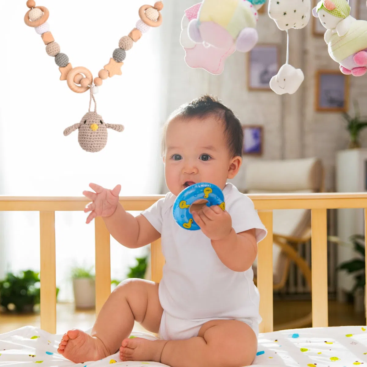Catena per Passeggino in Legno e Uncinetto Simpatico Passeggino a Forma di Animale con Campanello per Bambini Bambina