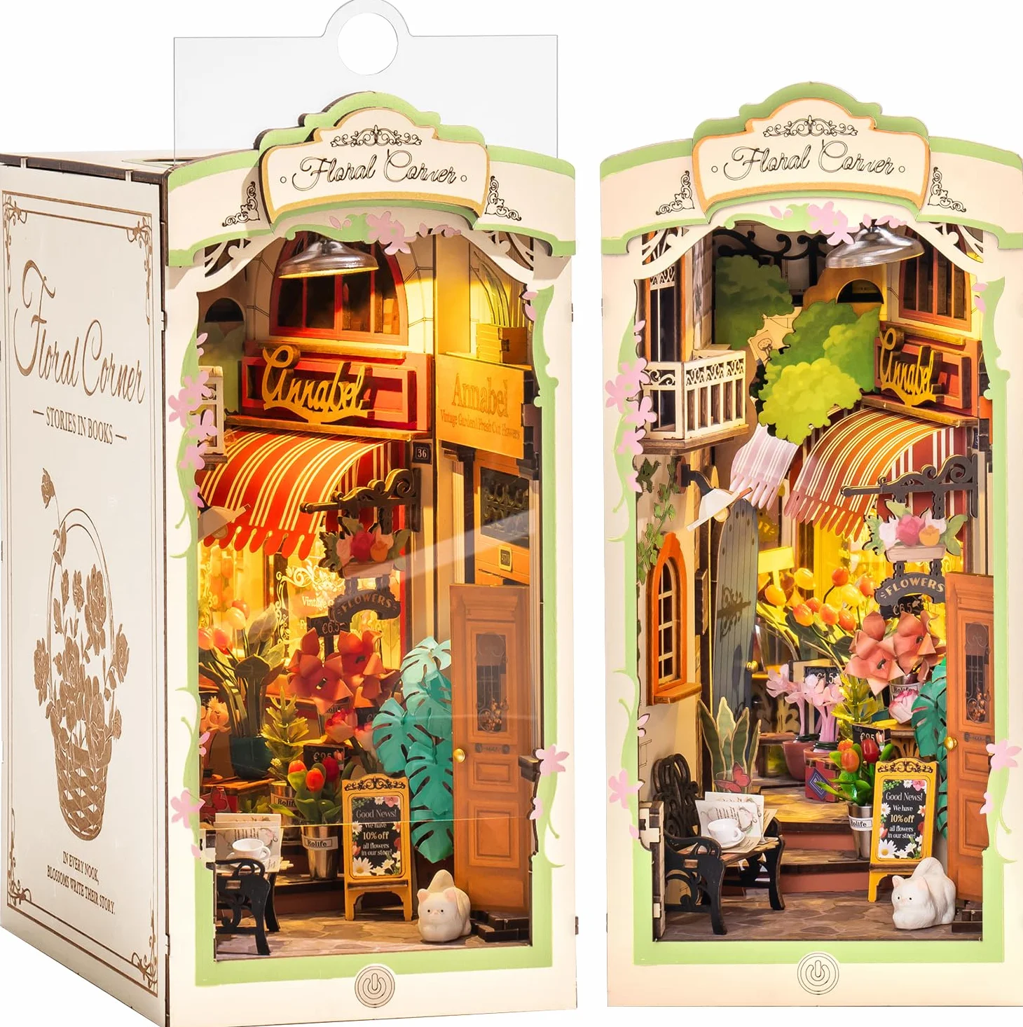 ROBOTIME Book Nook Angolo Floreale Diorama in Legno con Luci LED, Booknook Casa Delle Bambole Miniature da Costruire, Decorazione della Libreria, Regali per Adulti, Donne e Ragazze