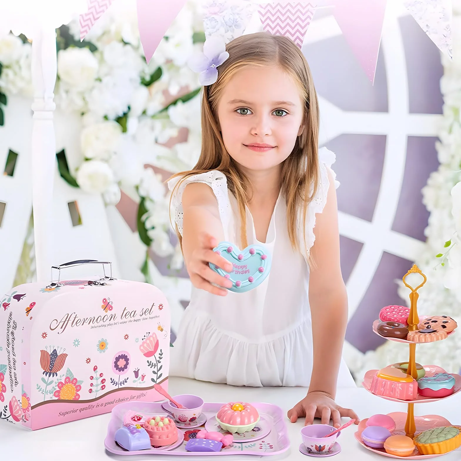 Set da tè Giocattolo per Bambini, 46 Pezzi Cibo Accessori Cucina, Dessert Giocattoli con Gelato Servizio, Giocattoli Bambina Cucina in Latta Regalo per Bambina Bambini 3 4 5 6 7 8 Anni