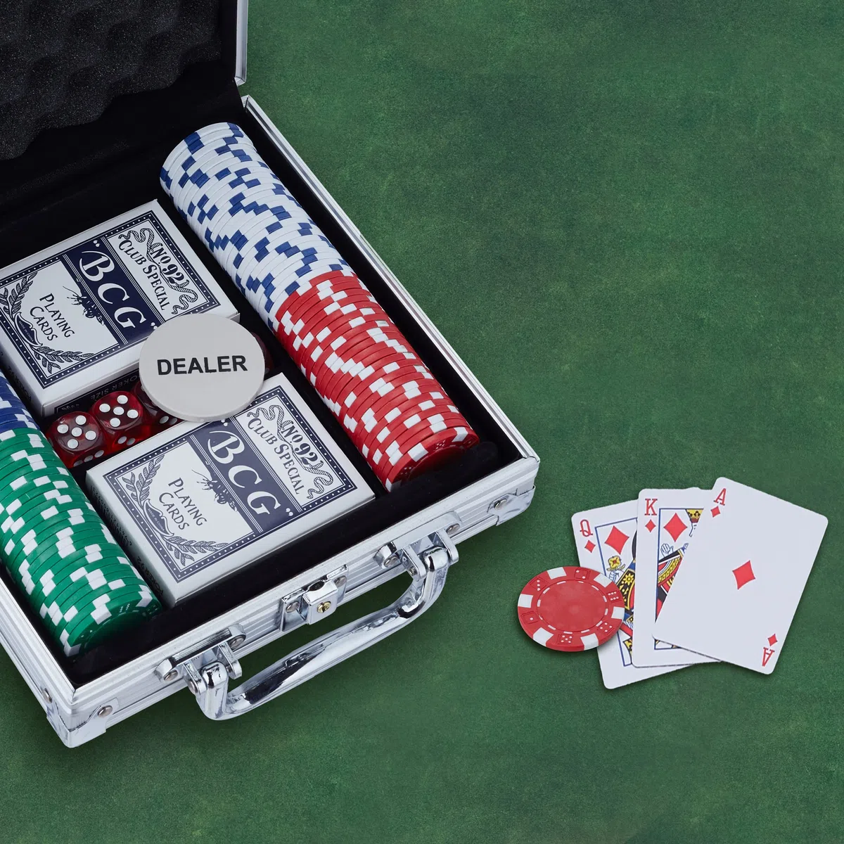 Relaxdays Valigetta da Poker, 100 Chips senza Valore, 2 Mazzi di Carte, 5 Dadi, Dealer, Pokerset, Richiudibile, Argento