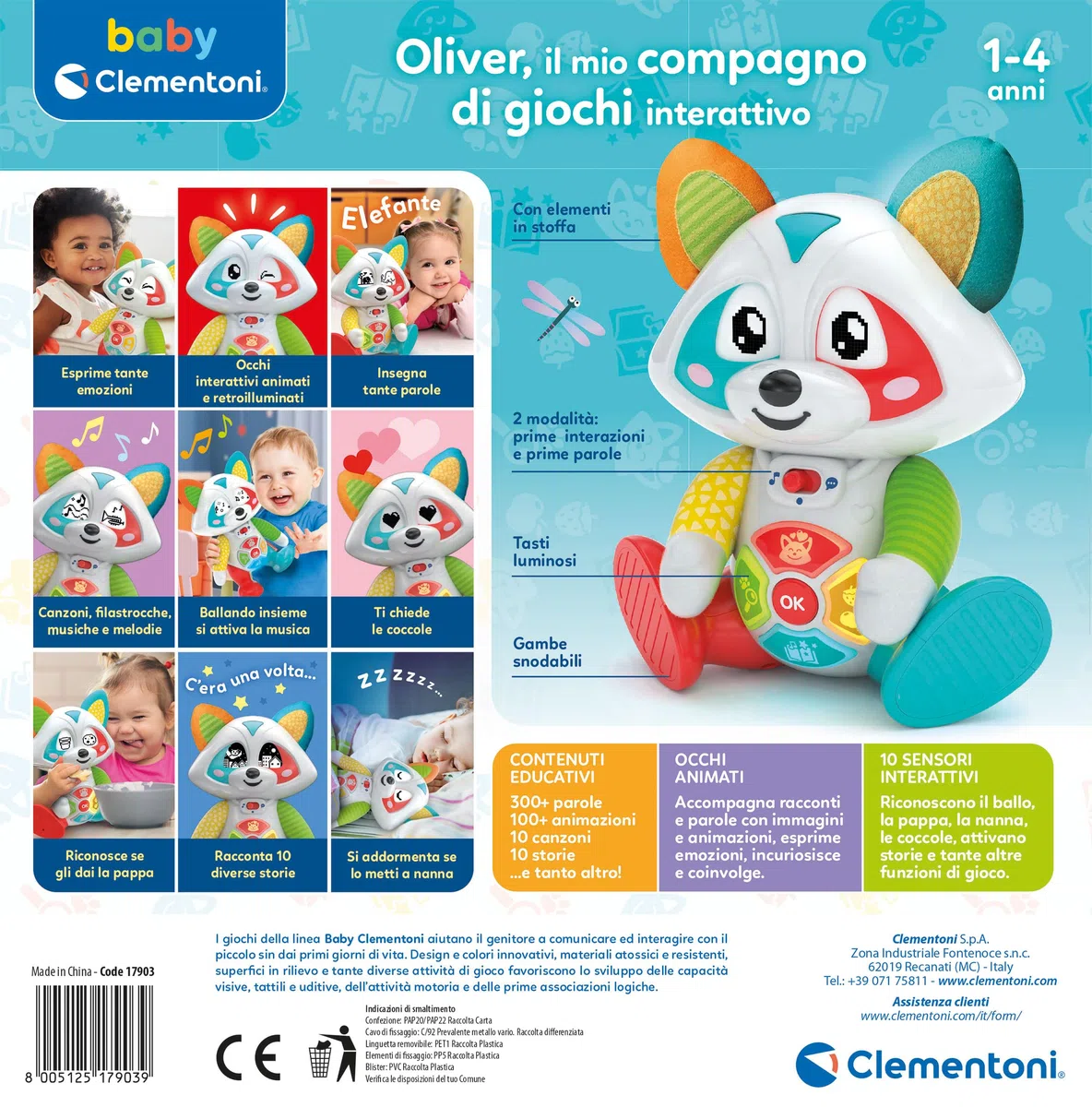 Clementoni Baby Oliver, il Mio Compagno di Giochi Interattivo, Gioco Educativo Bambini 1-4 Anni, Raccontastorie Prima Infanzia con Occhi Led, Stimola Manualità e Linguaggio, Lingua Italiana, 17903