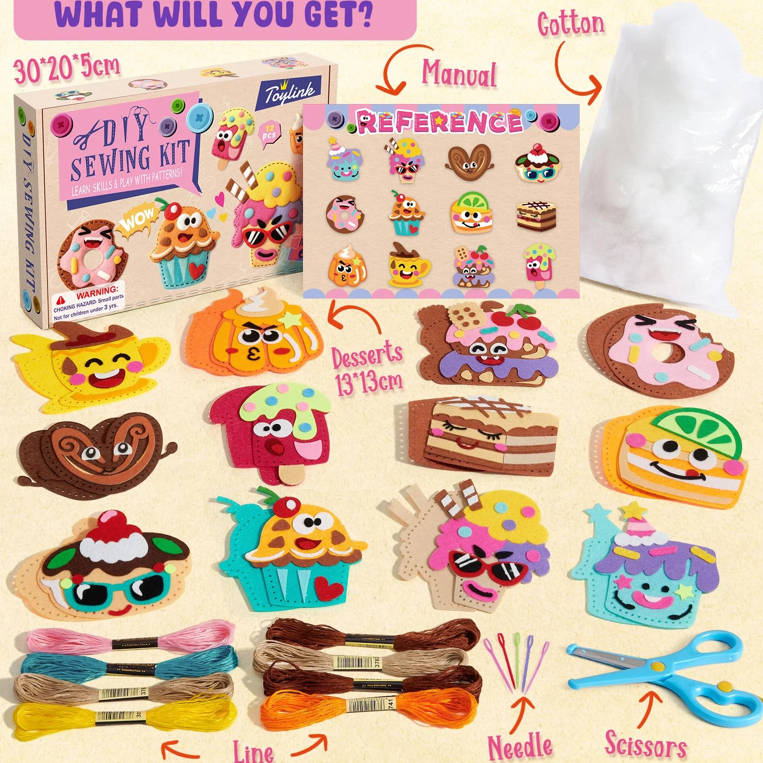 Kit Cucito in Fieltro per Bambini 6-10 Anni, Kit Artigianato Ragazze 12 Dessert Feltro Fai Da Te & Fili da Ricamo & Aghi di Plastica, Creativi Cucito Regalo per Bambino 5 6 7 8 9 10 Anni (Dessert 1)