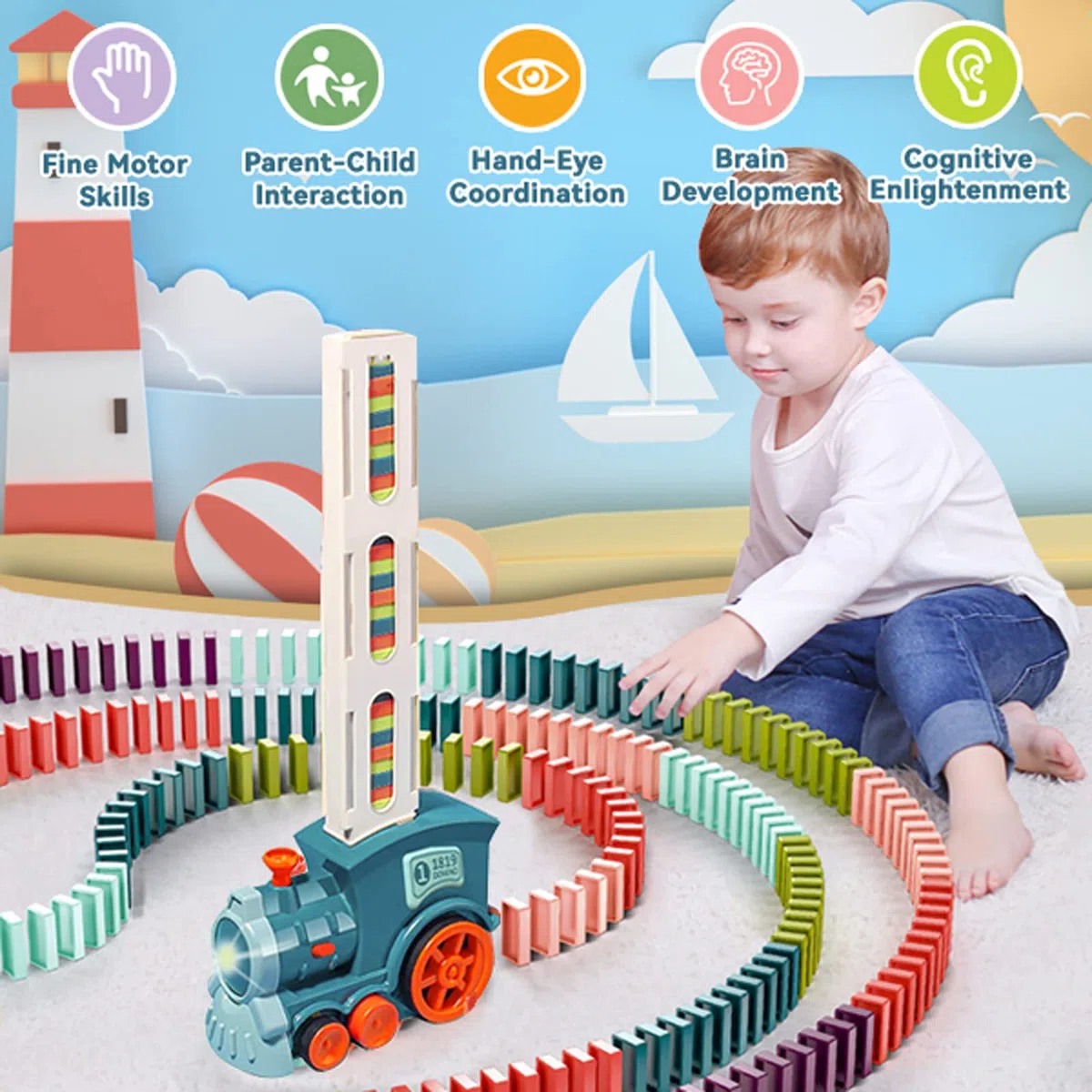Giocattoli per Treno Domino per Bambini, 100 Pezzi di Domino Automatico che posa il Treno Elettrico con Suono, Gioco di Impilamento dei Blocchi, Giocattoli per Bambino e Bambina di 3+ Anni (Ciano)